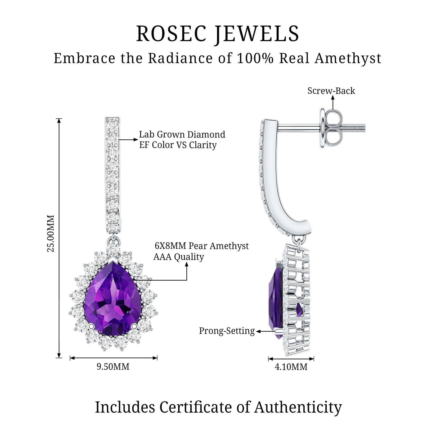 Natural Amethyst Bridal Earrings with Moissanite Halo