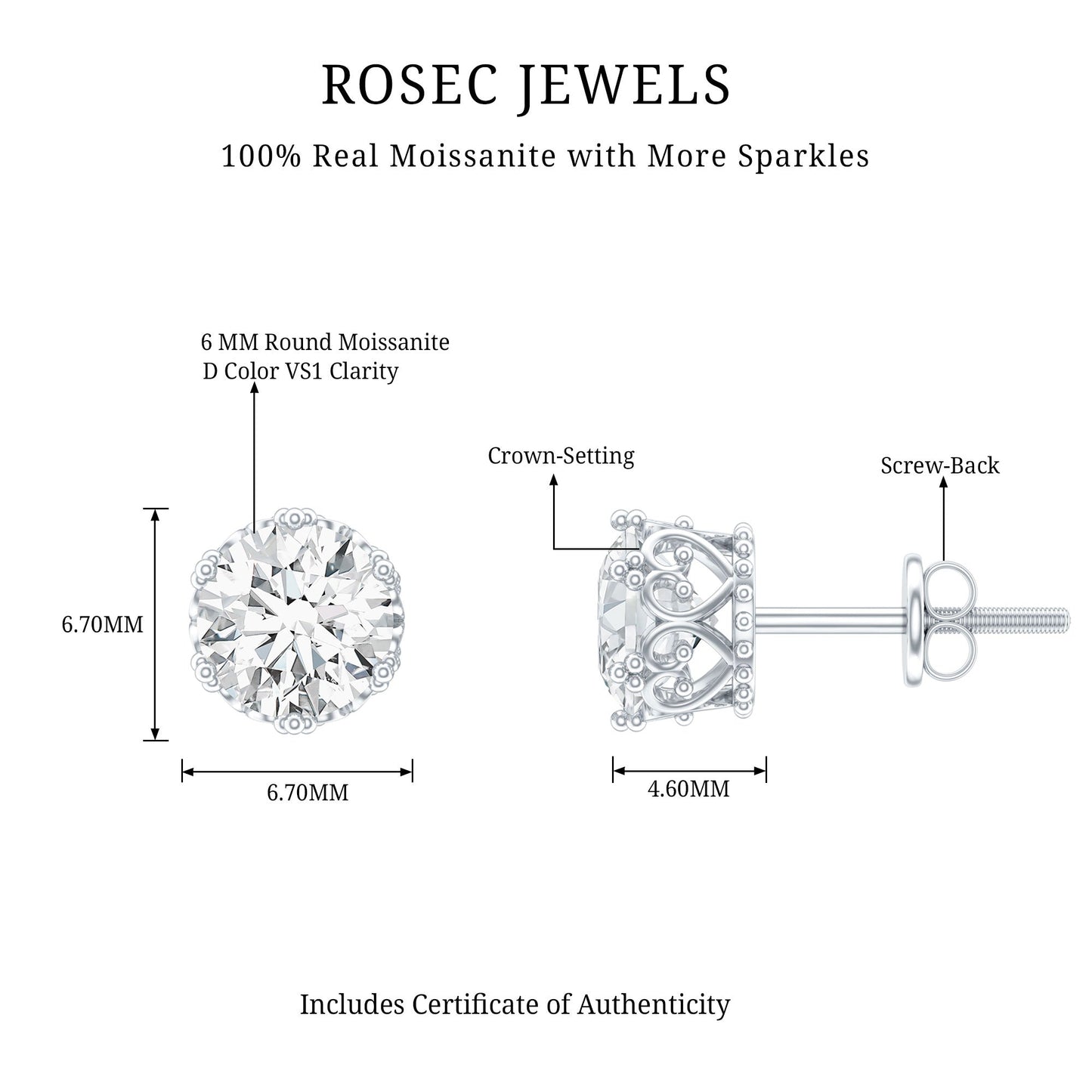 6 MM Round Shape Moissanite Stud Earrings in Crown Setting