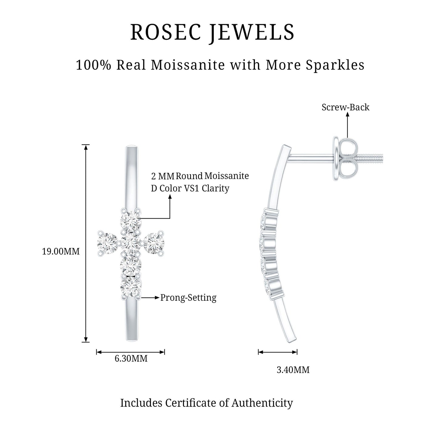 Certified Moissanite Cross Stud Earrings in 14K Gold Plated Silver
