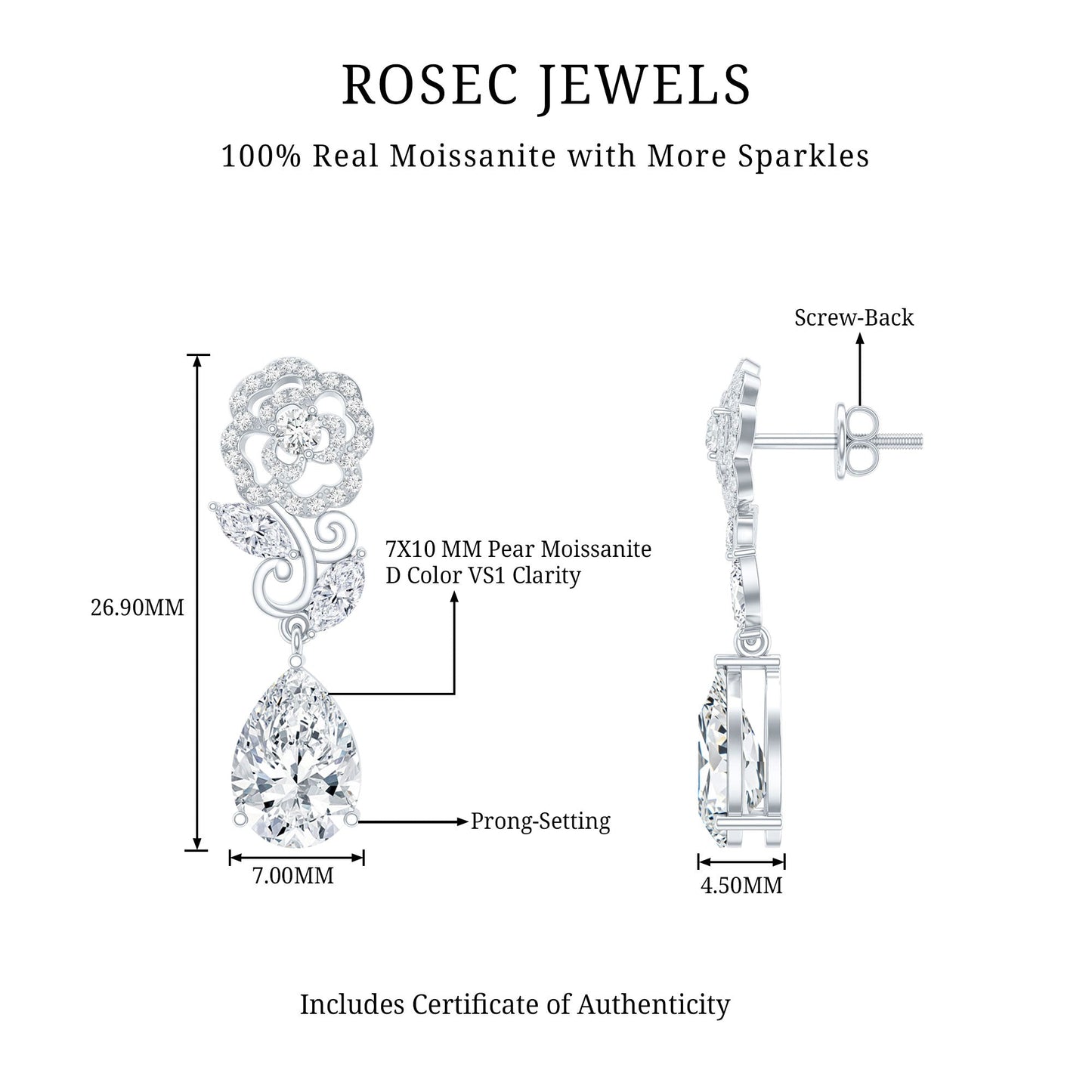 4.5 Carat Pear Shaped Moissanite Rose Flower Dangle Earrings for Wedding
