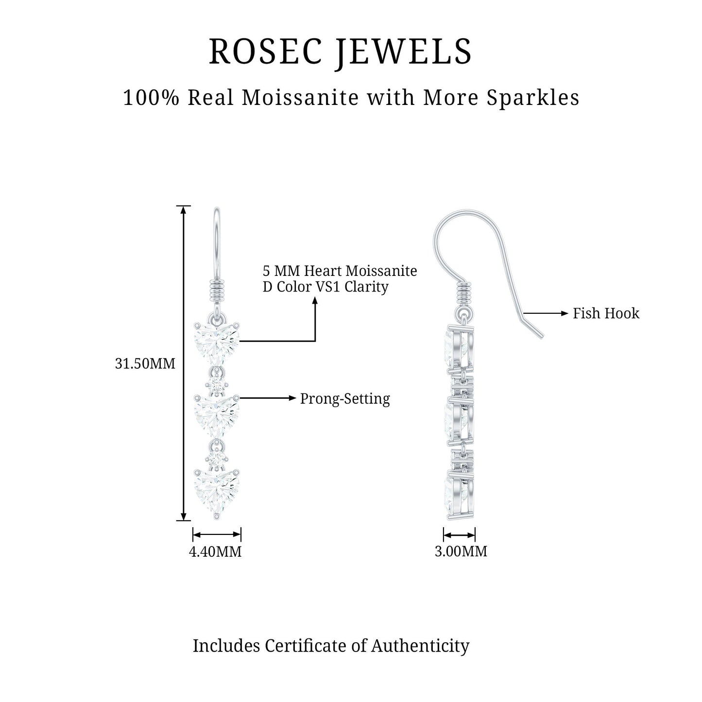 2 CT Heart and Round Shape Moissanite Dangle Earrings