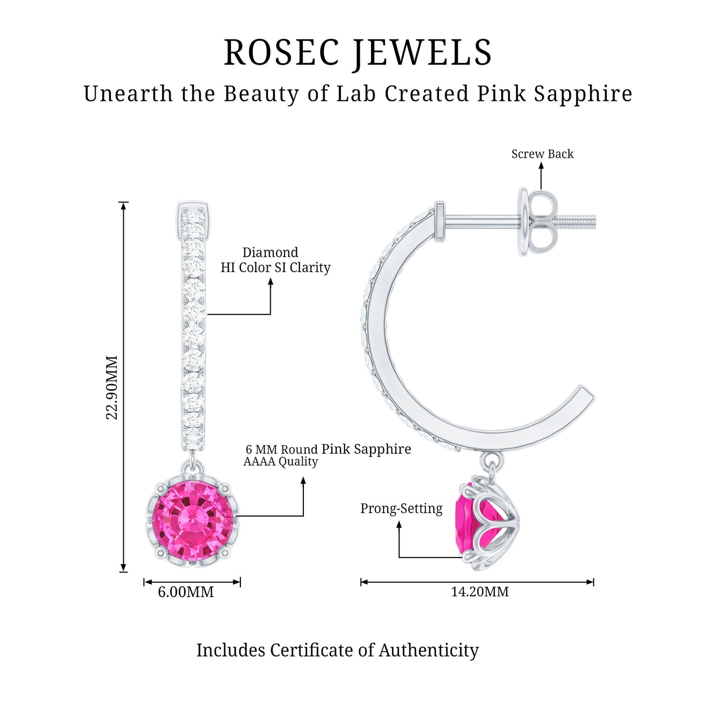 Lab Created Pink Sapphire and Diamond Hoop Drop Earrings