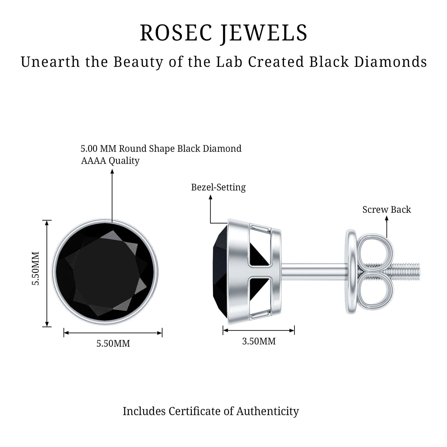 5MM Created Black Diamond Solitaire Stud Earring in Bezel Setting
