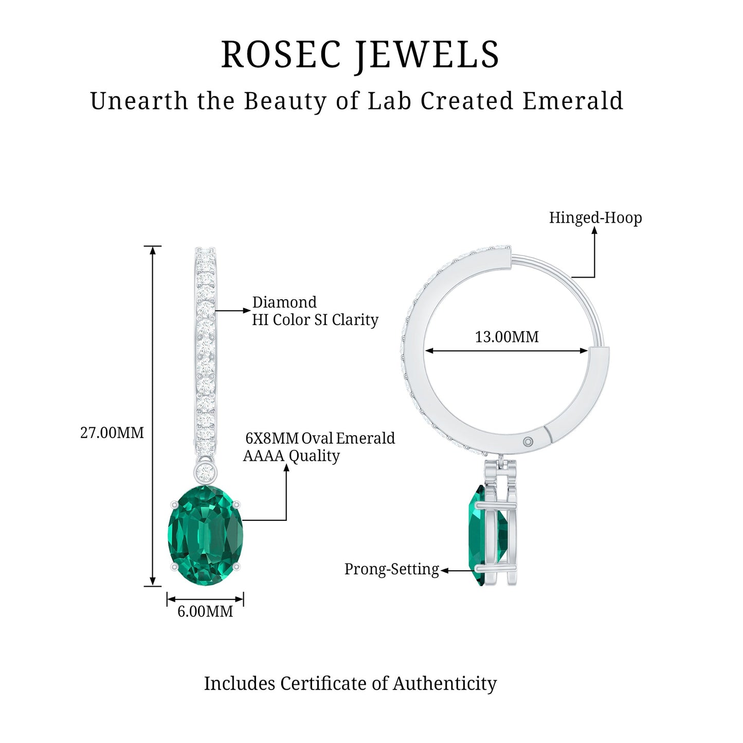 2.5 Carat Oval Cut Lab Grown Emerald and Diamond Hoop Earrings
