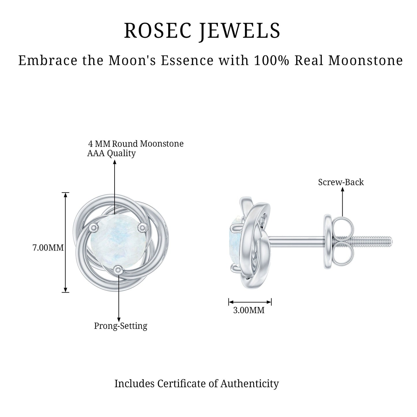 Solitaire Moonstone Swirl Stud Earrings with Certificate
