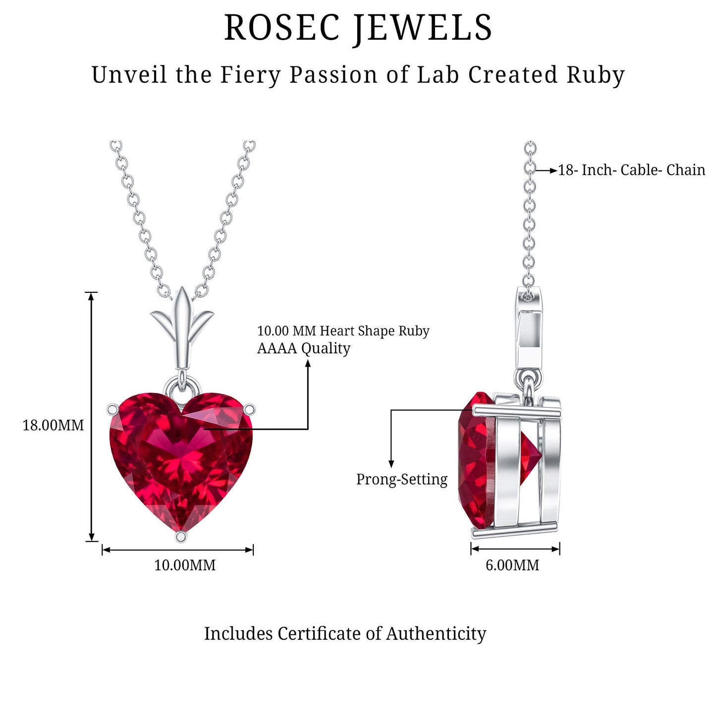 10 MM Lab Grown Ruby Solitaire Heart Necklace