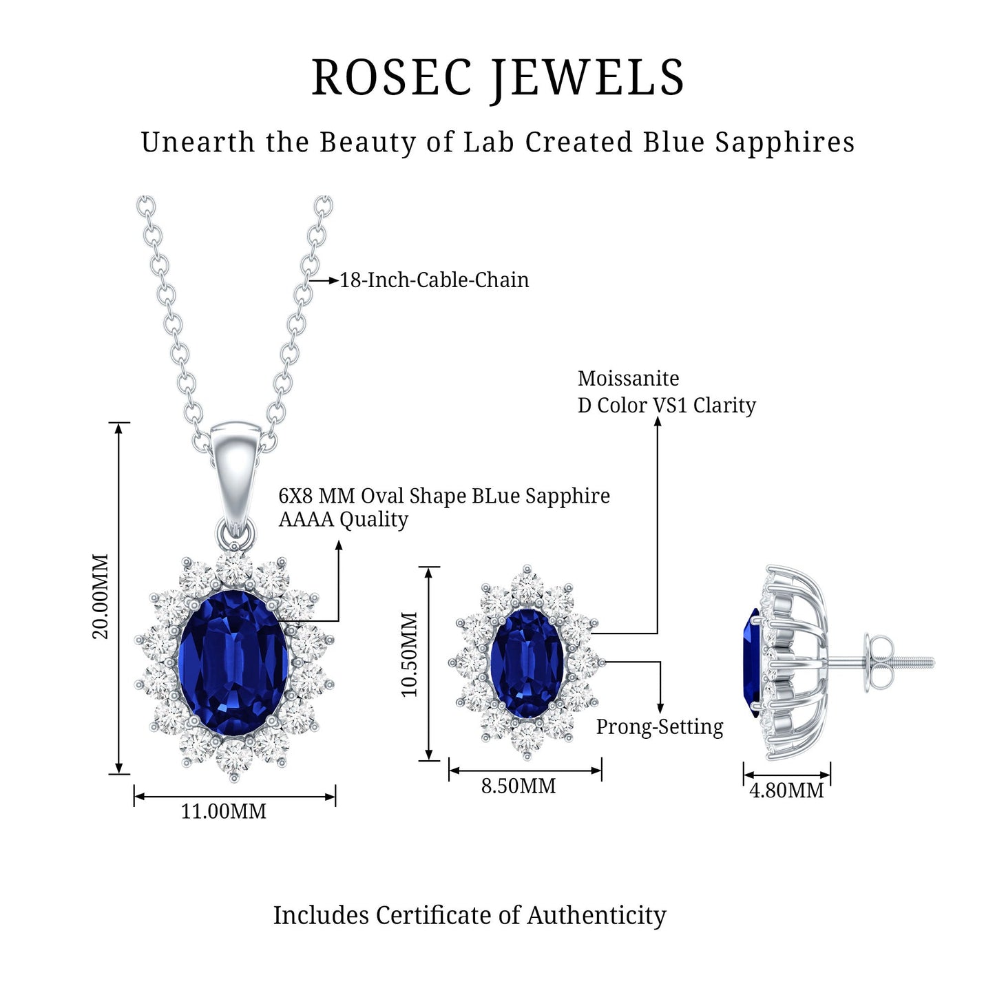 Classic Oval Cut Created Blue Sapphire and Moissanite Halo Jewelry Set