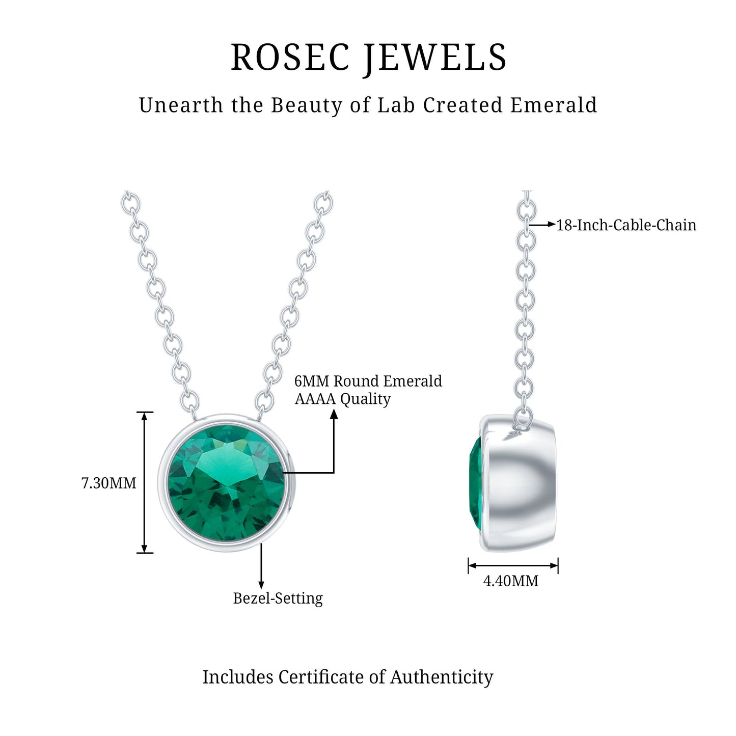 Bezel Set Lab Grown Emerald Solitaire Necklace With Silver Chain