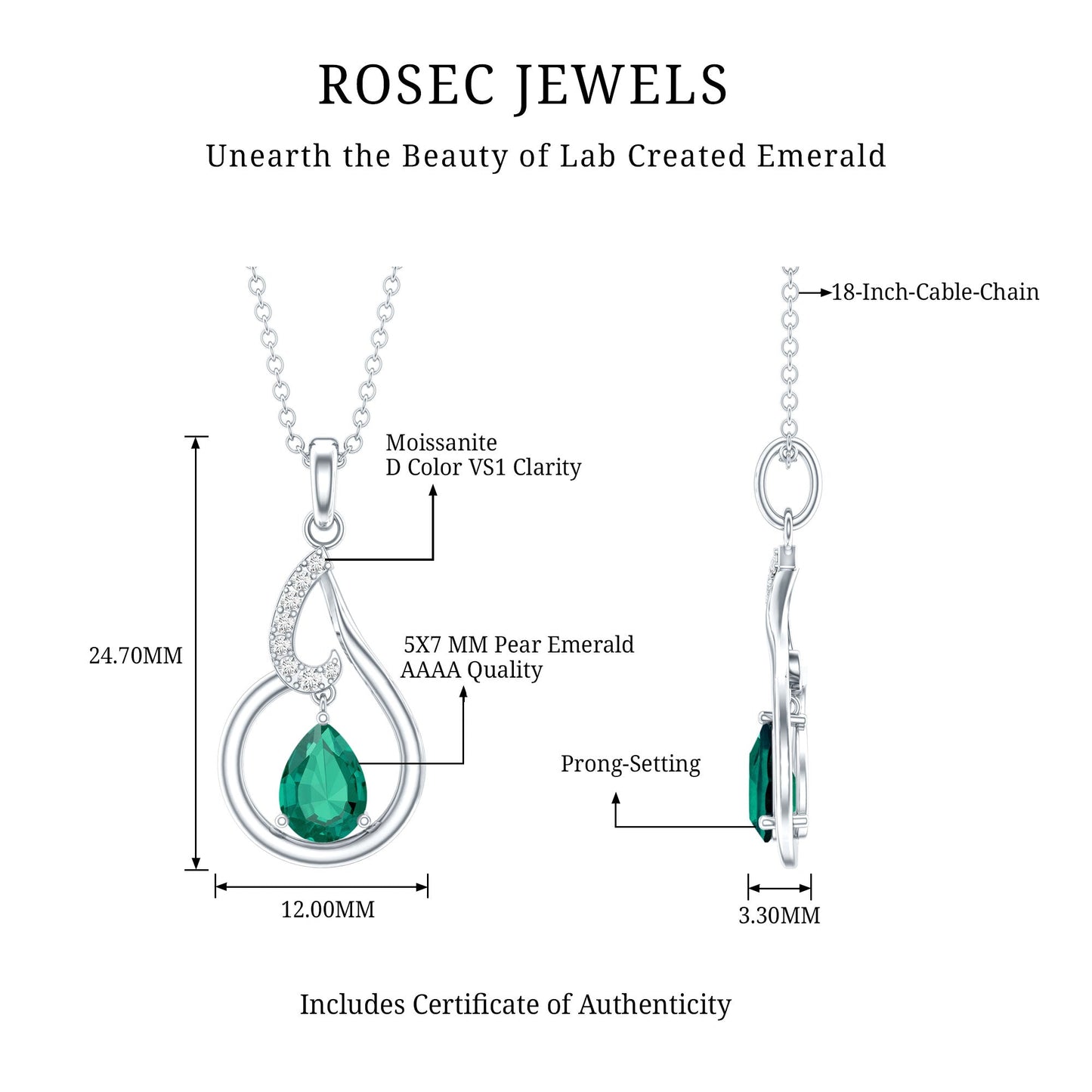 Certified 0.7 Carat Lab Grown Emerald Teardrop Necklace with Chain