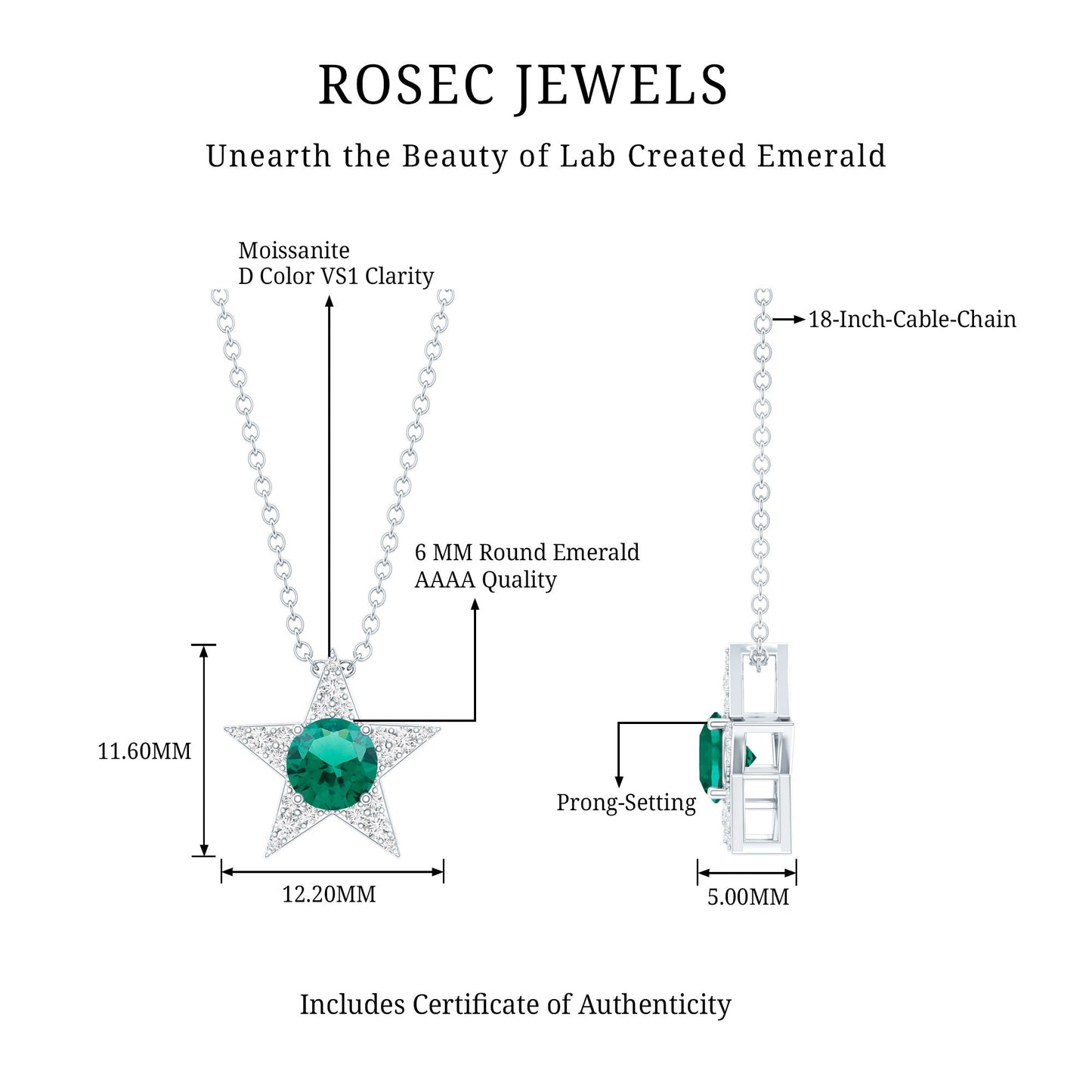 Sterling Silver 0.8 Carat Lab Grown Emerald Star Necklace with Silver Chain