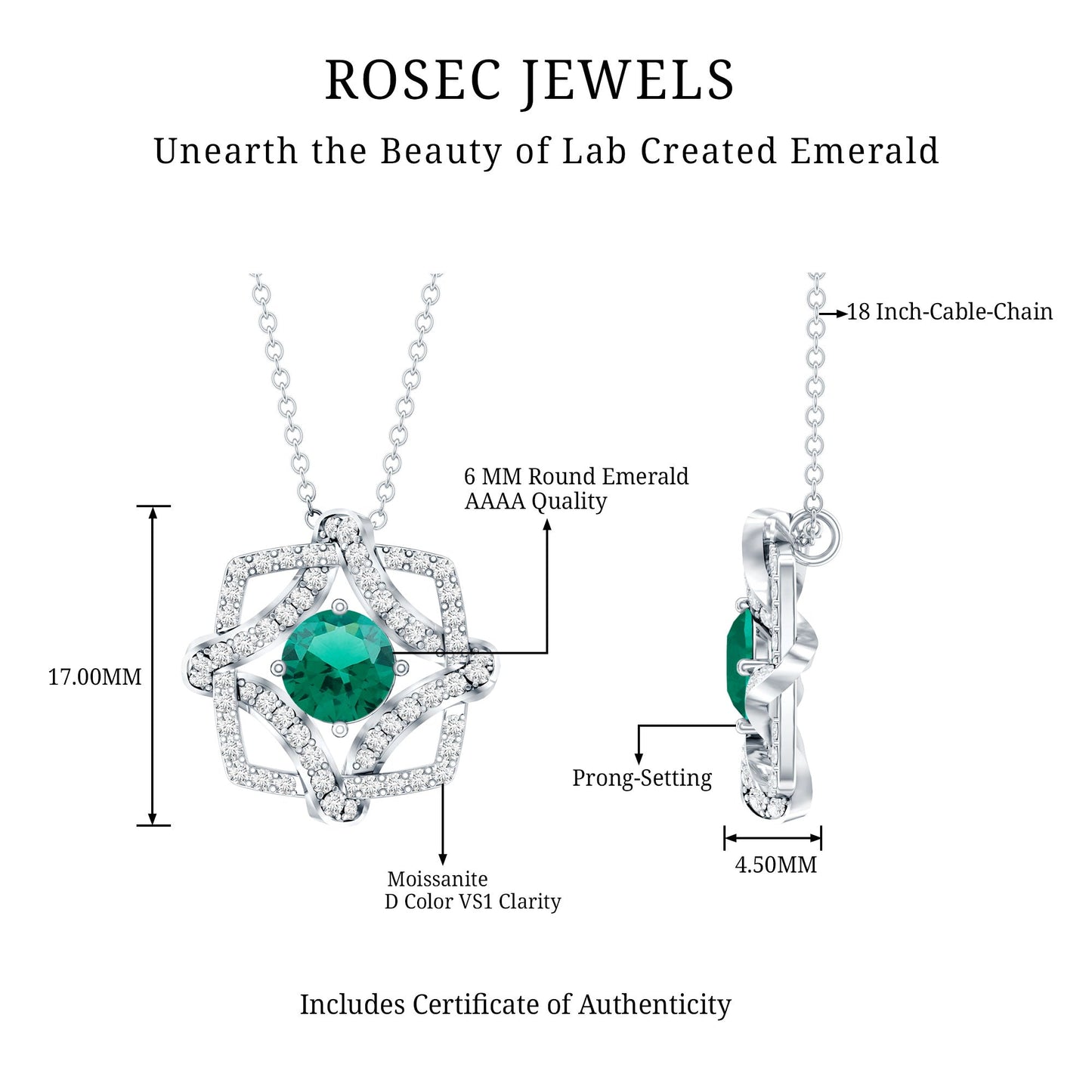 Certified 0.8 Carat Lab Grown Emerald Interlock Necklace with Silver Chain