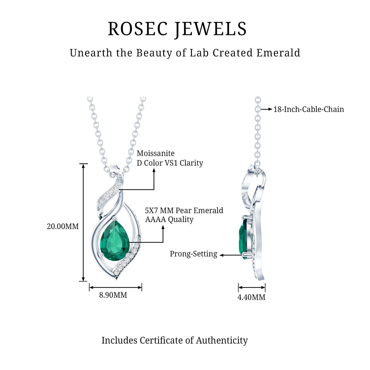 Nature Inspired 0.7 Carat Lab Grown Emerald Necklace with Silver Chain