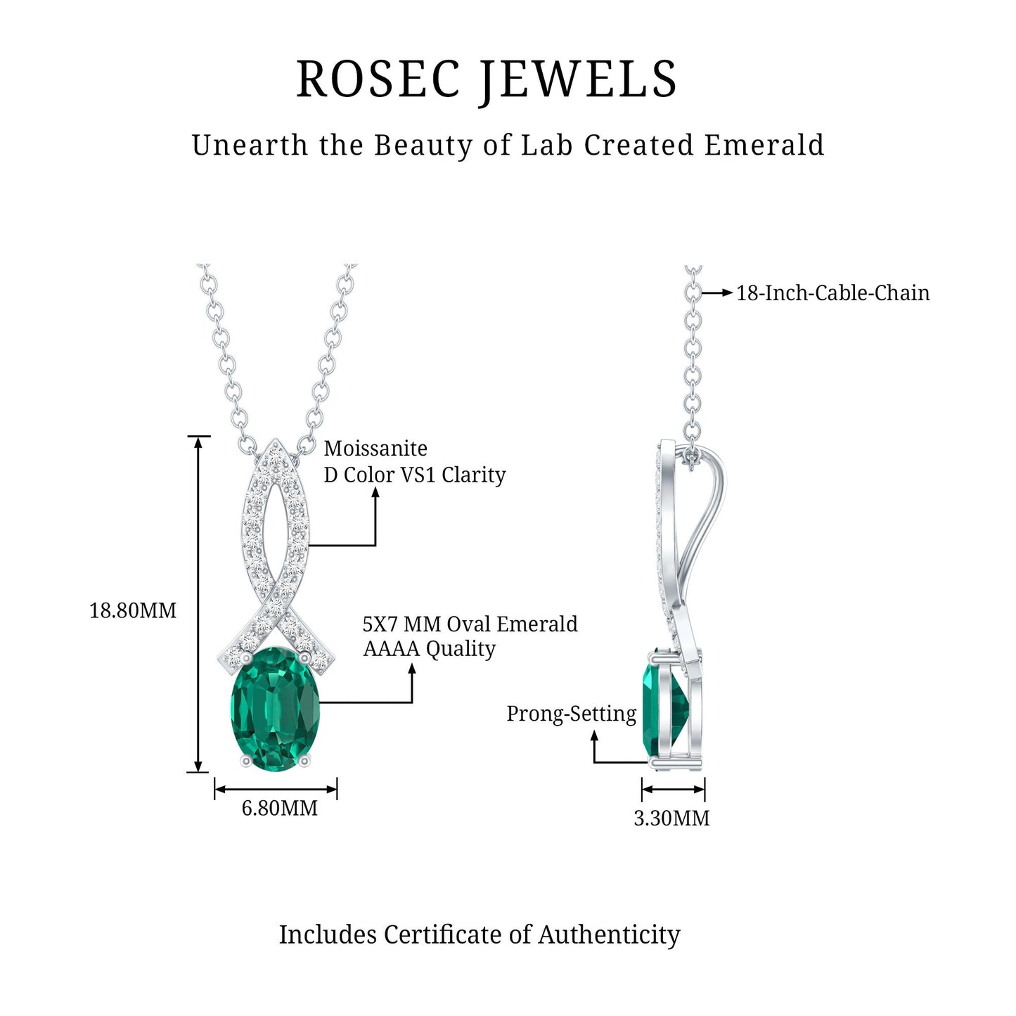 0.85 Carat Oval Lab Created Emerald Minimal Necklace with Chain