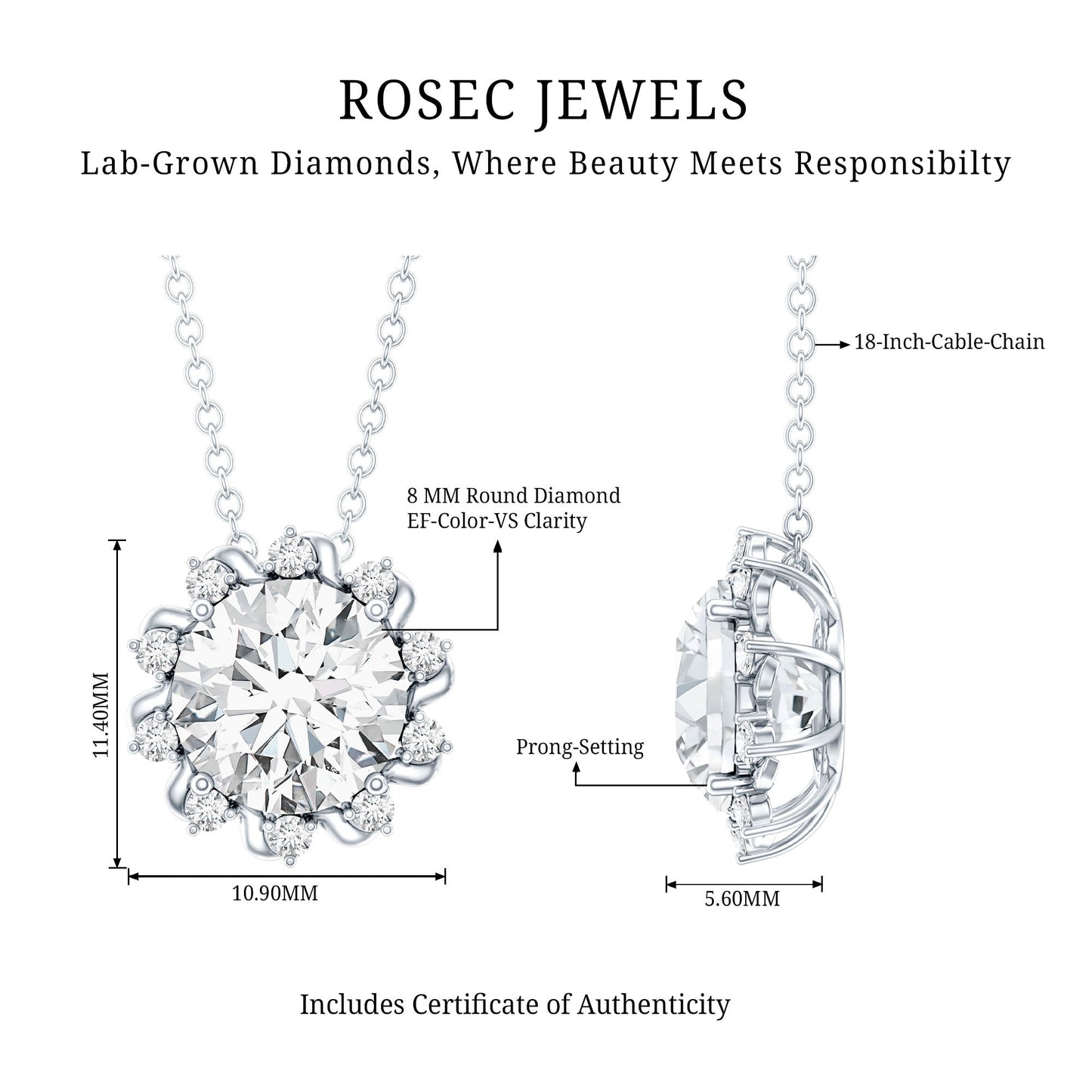 8 MM Round Cut Lab Grown Diamond Starburst Necklace