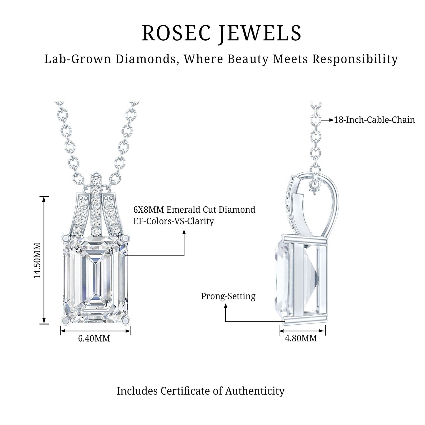 6X8 MM Solitaire Lab Grown Diamond Emerald Cut Necklace