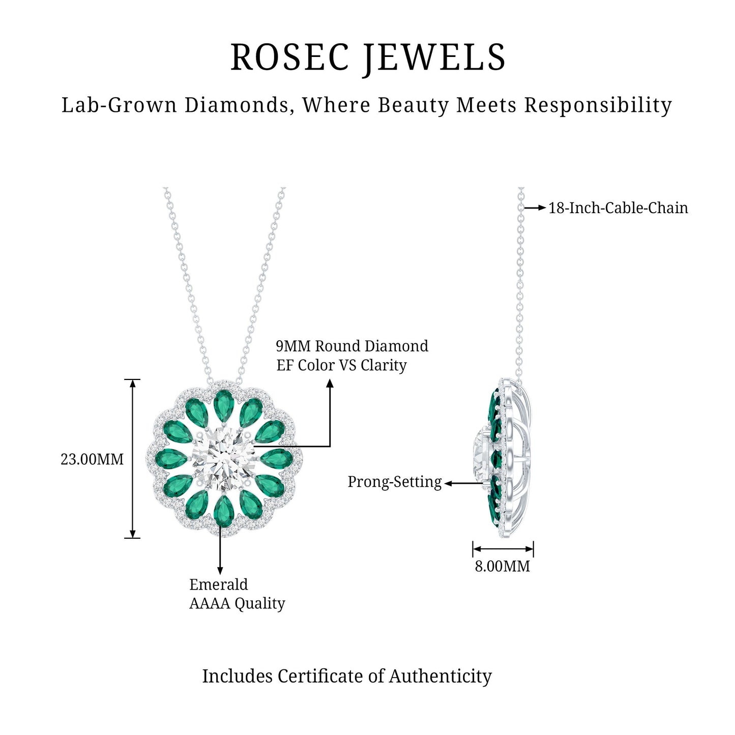 9 MM Lab Grown Diamond Flower Bridal Necklace With Emerald
