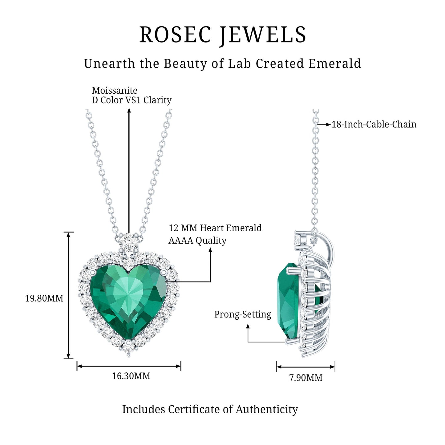 Certified 5.5 Carat Lab Grown Emerald Heart Necklace With Silver Chain