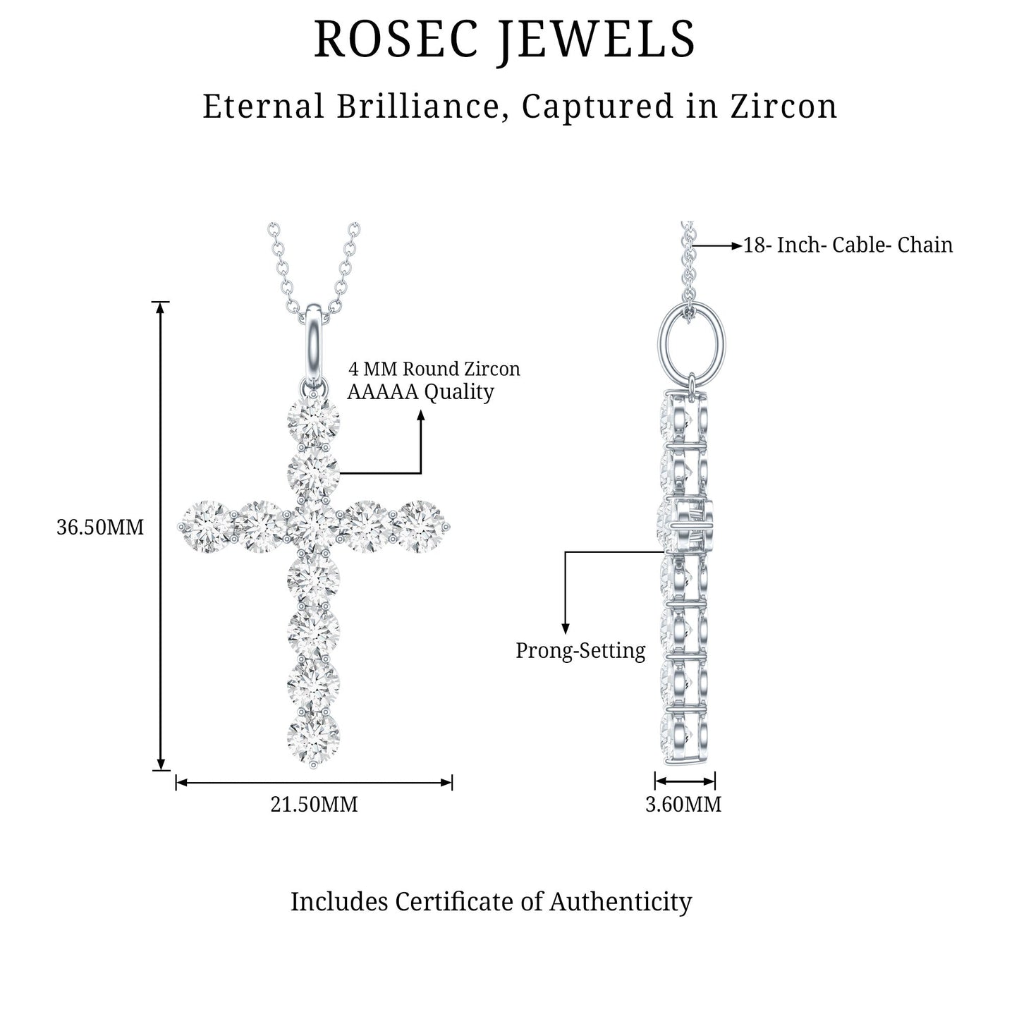 Certified Zircon Simple Cross Pendant Necklace