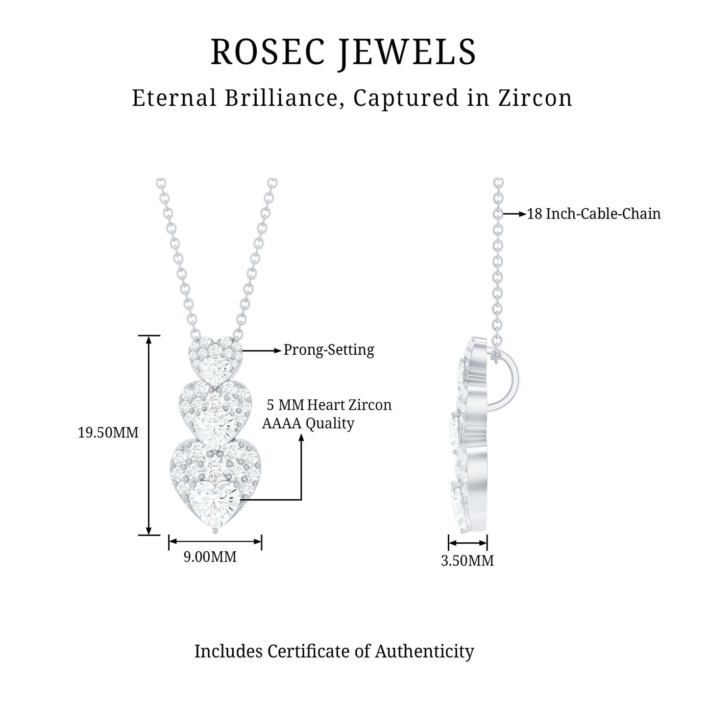 Certified Cubic Zirconia Heart Valentines Day Necklace for Women