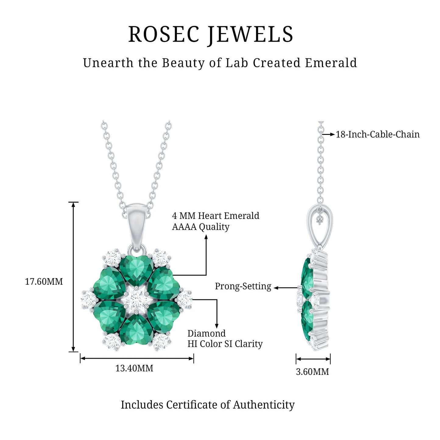 2 CT Heart Shape Created Emerald and Diamond Flower Pendant