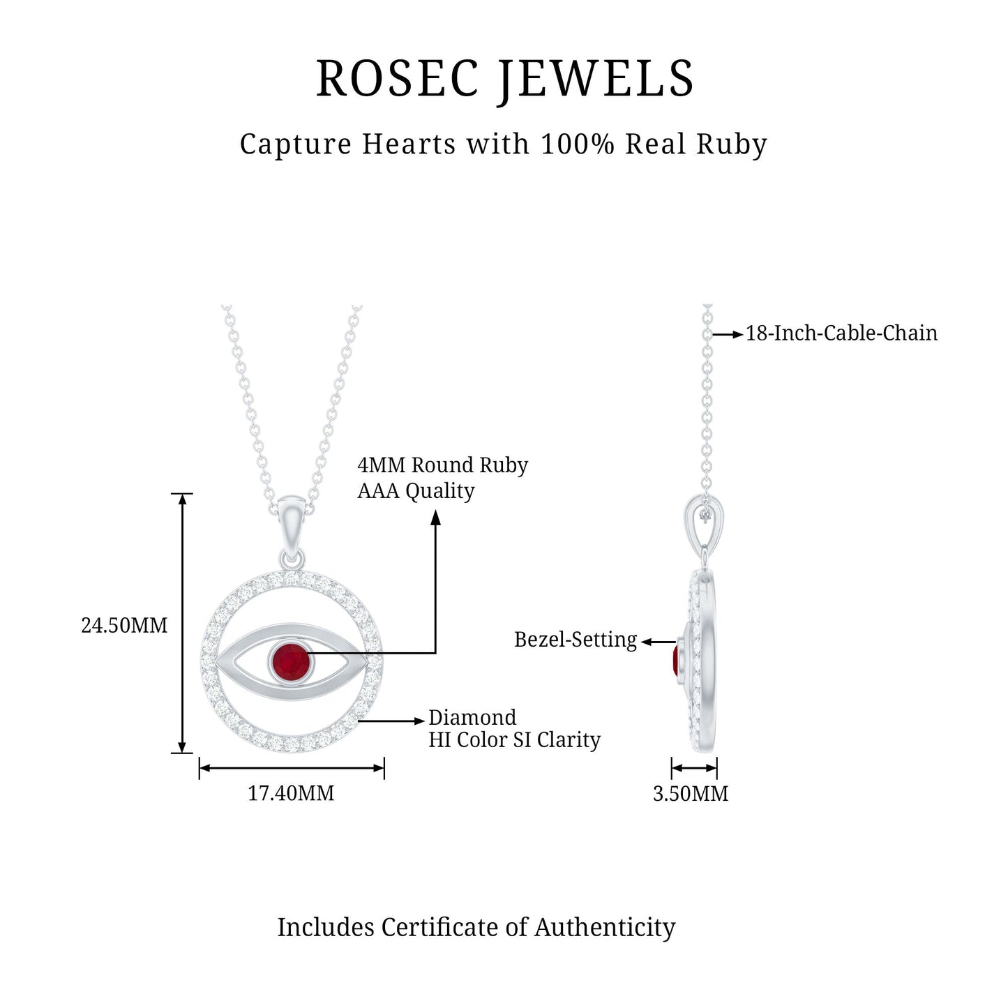 Real Ruby and Diamond Evil Eye Pendant Necklace