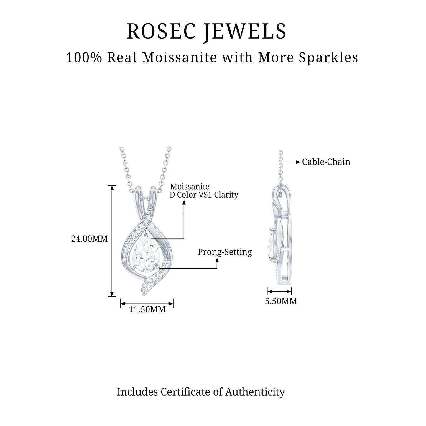 1.25 CT Certified Moissanite Teardrop Necklace for Women