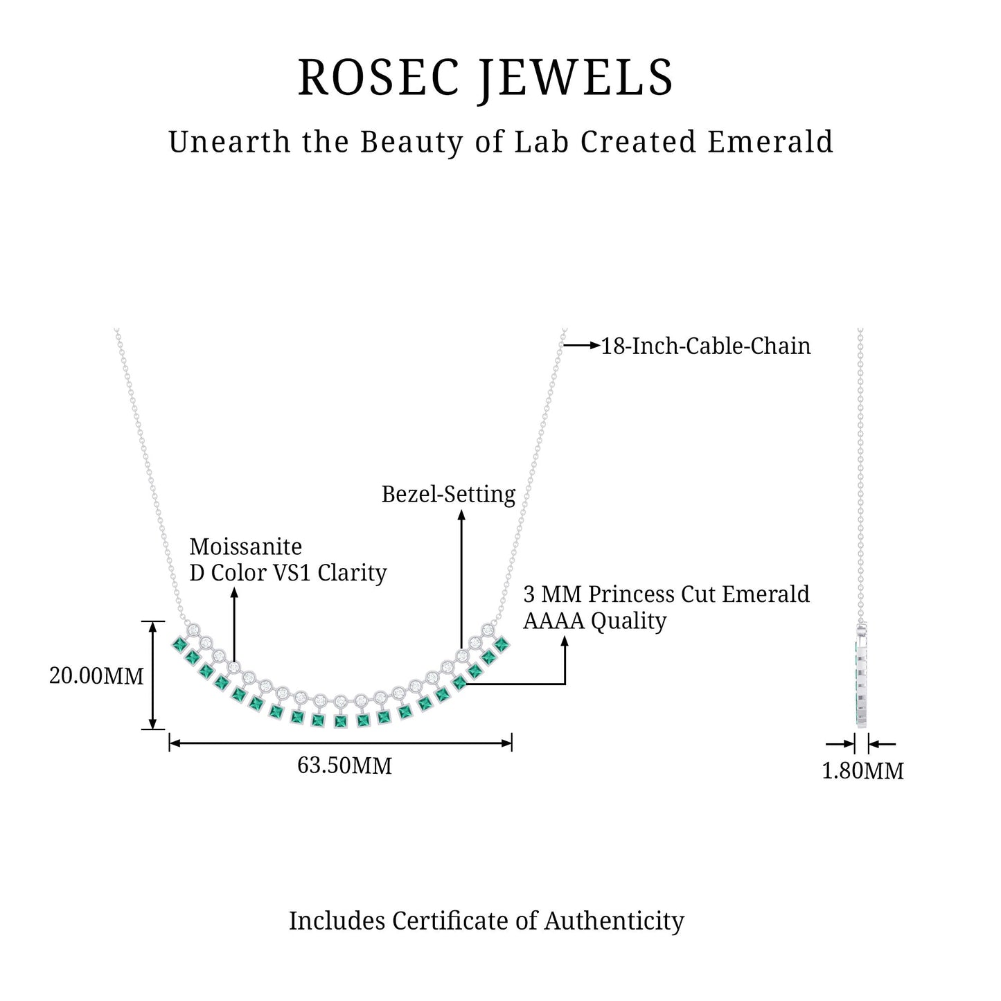 Certified 2.85 Carat Lab Grown Emerald Curved Bar Necklace