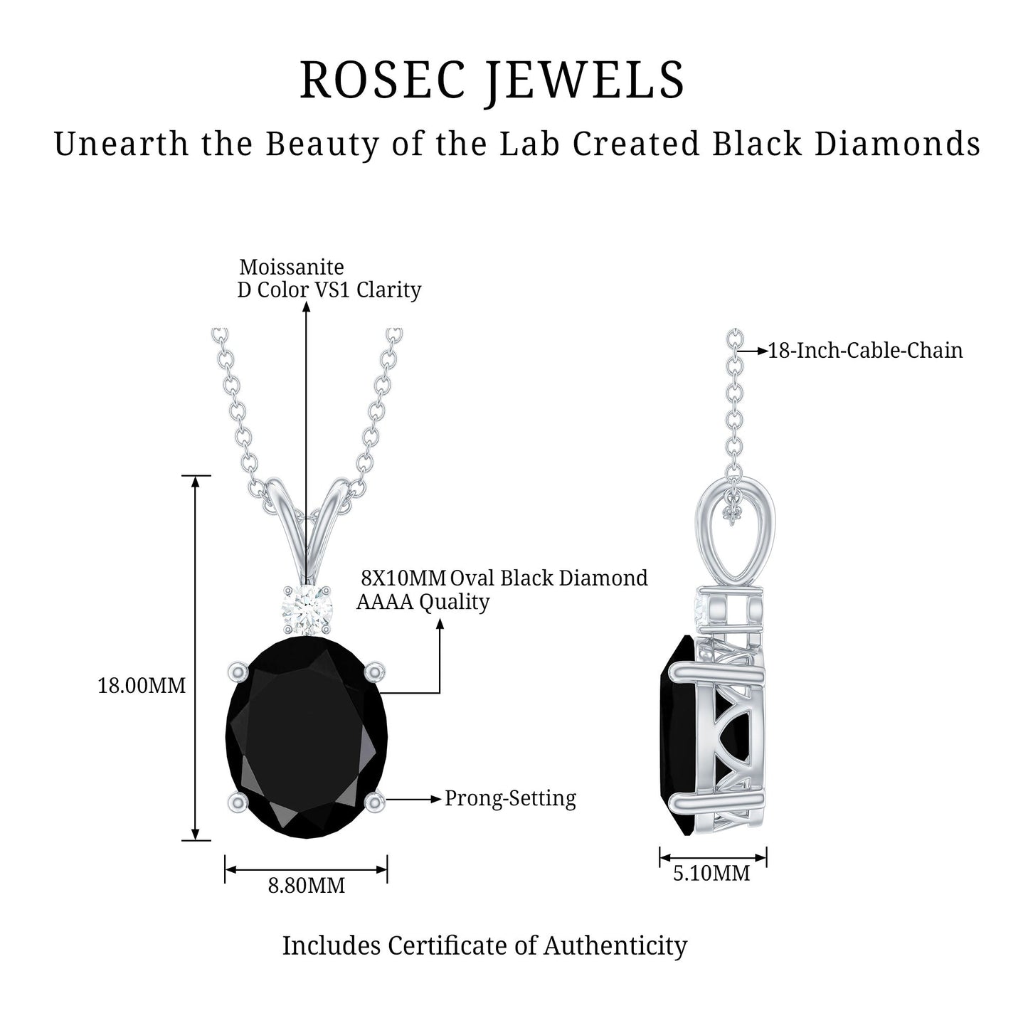 4.2 Carat Oval Shape Lab Created Black Diamond Solitaire Pendant Necklace