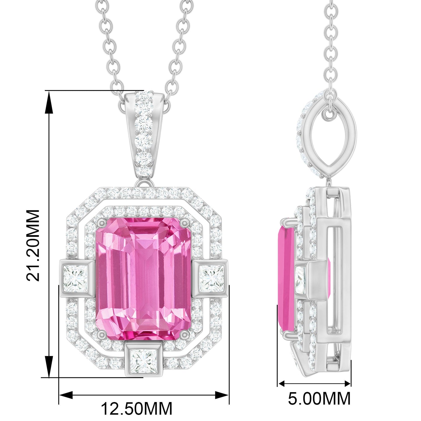 Certified 2.3 Carat Emerald Cut Lab Grown Pink Sapphire Diamond Vintage Necklace
