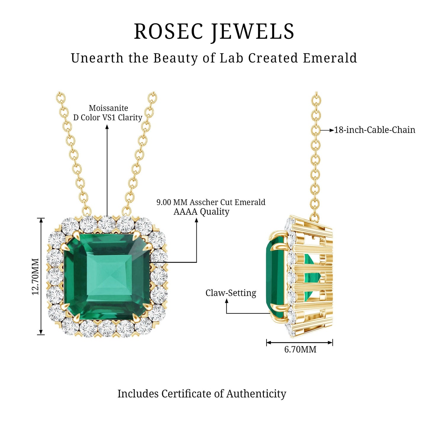 2.5 CT Asscher Cut Lab Grown Emerald Halo Necklace with Moissanite