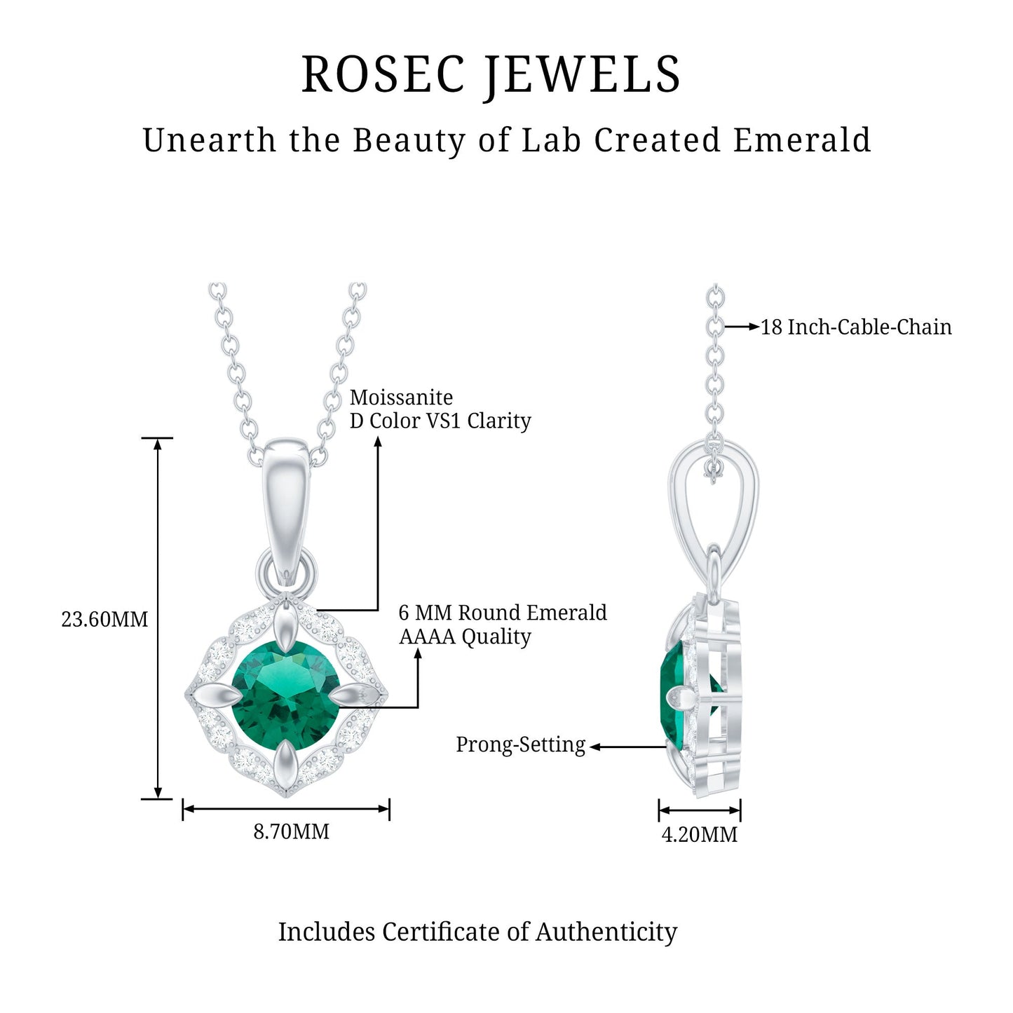 Certified Round Lab Emerald Designer Necklace with Certificate