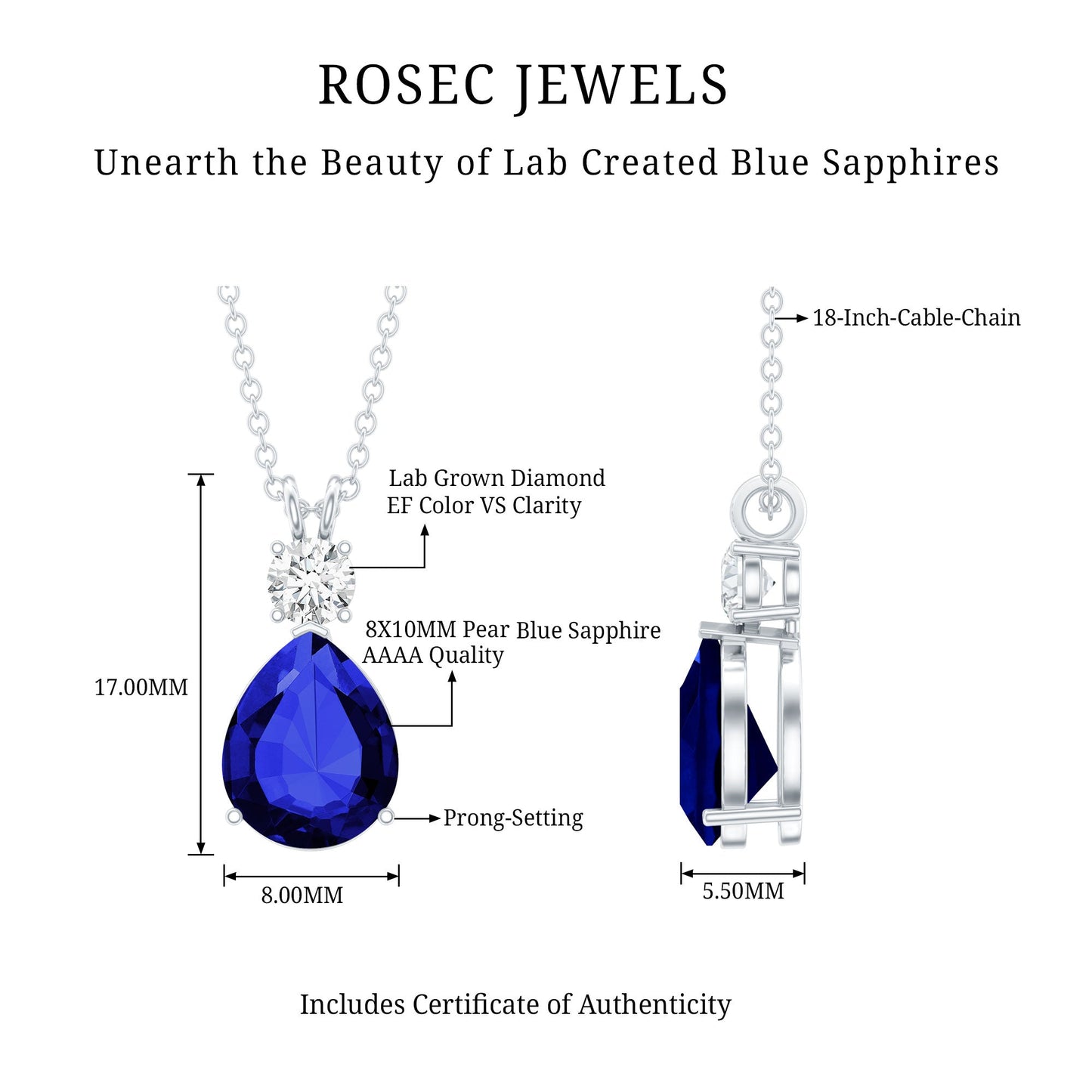 Lab Created Blue Sapphire Teardrop Pendant Necklace With Chain