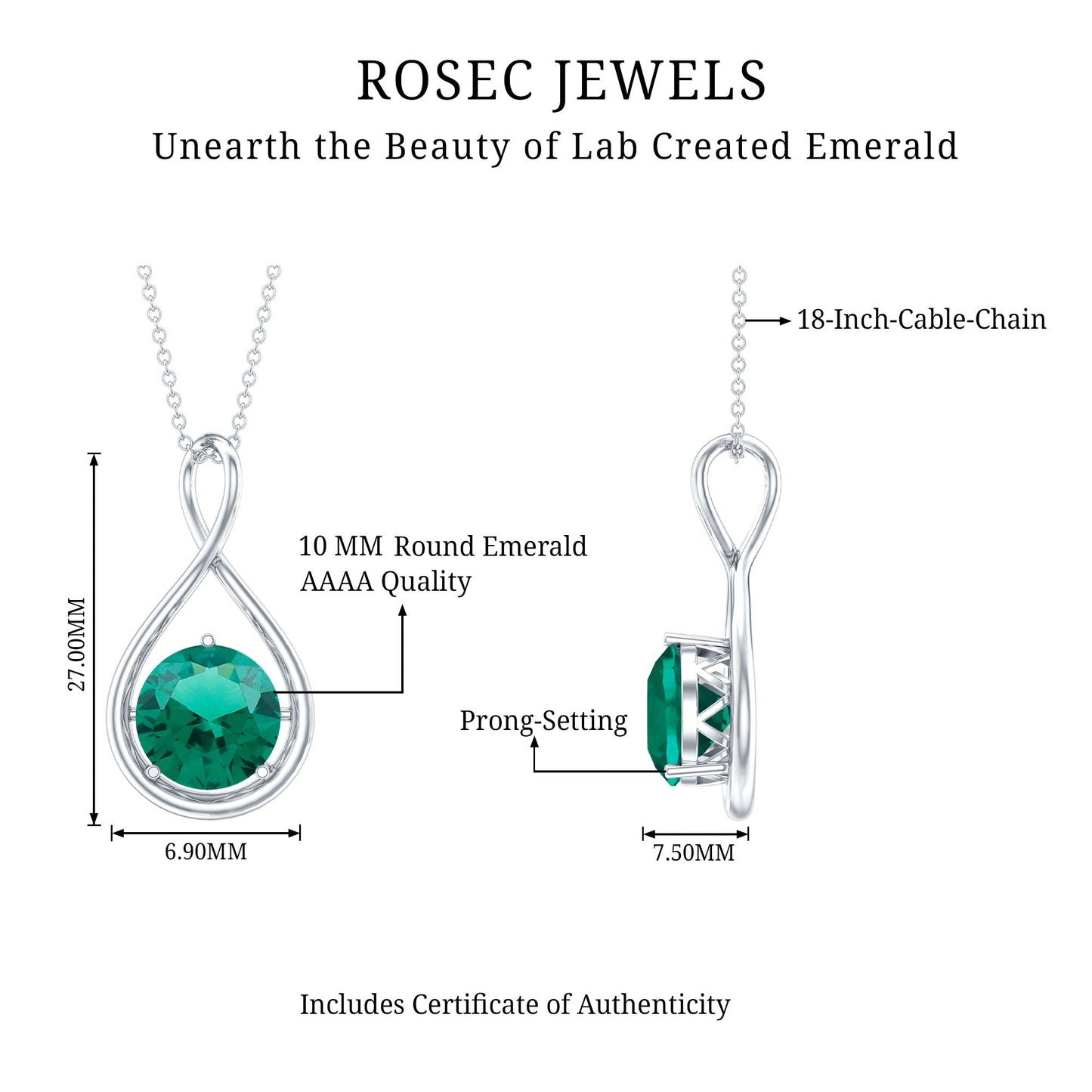 AAAA Grade 3.5 Carat Lab Created Emerald Infinity Necklace With Silver Chain