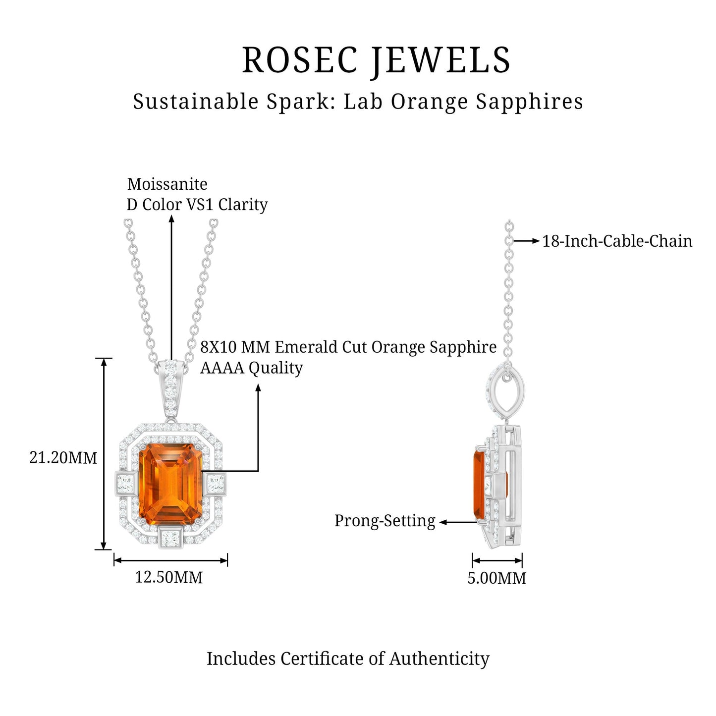 Vintage Emerald Cut Created Orange Sapphire Pendant with Moissanite
