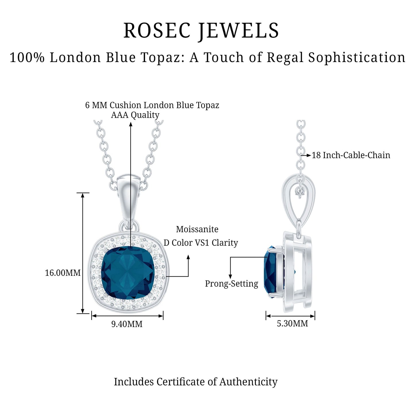 Natural 1 Carat London Blue Topaz Necklace with Chain