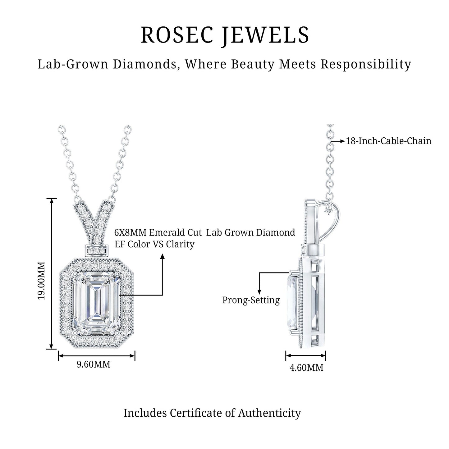 Lab Created Diamond 6X8 MM Emerald Cut Halo Necklace