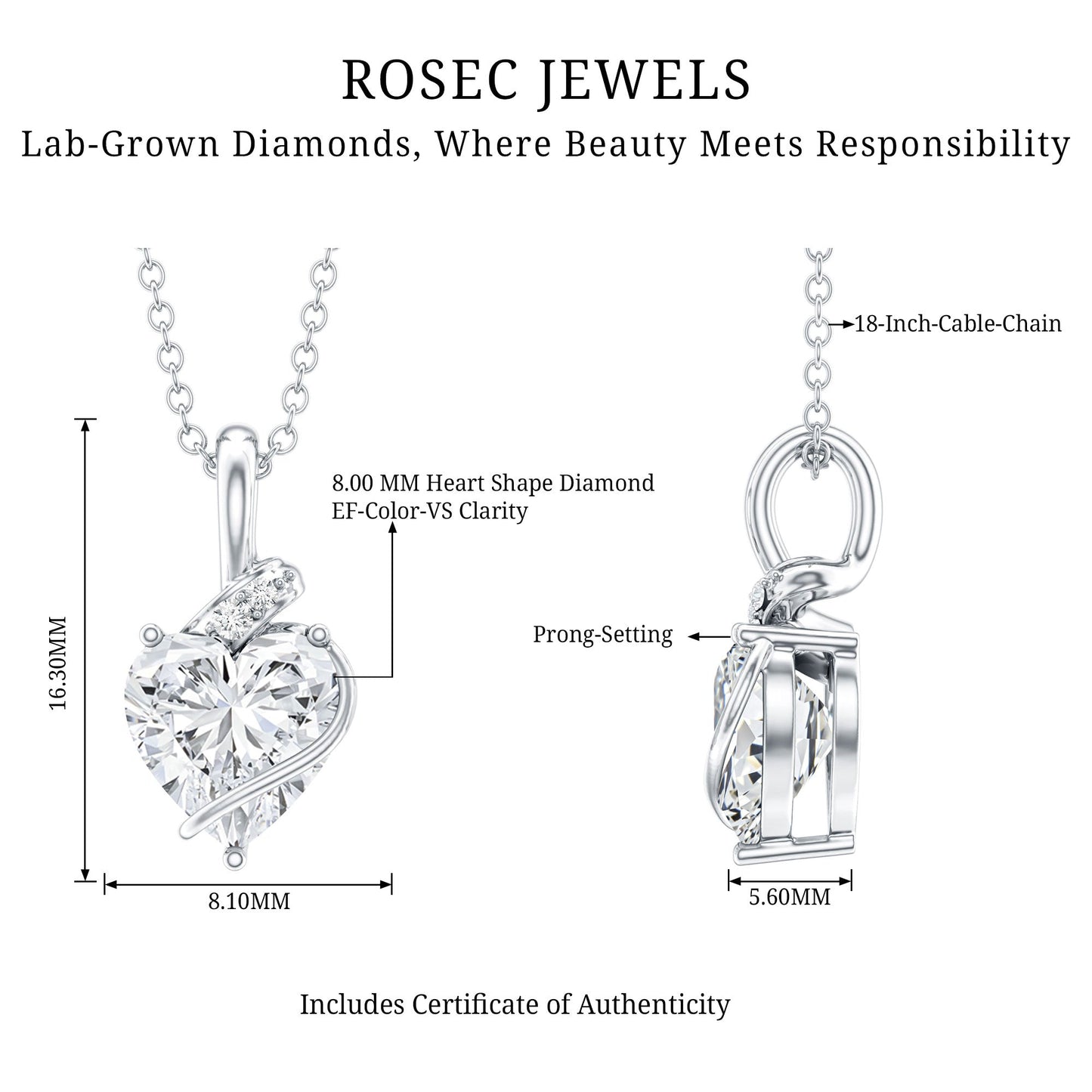 8 MM Lab Grown Diamond Heart Solitaire Necklace