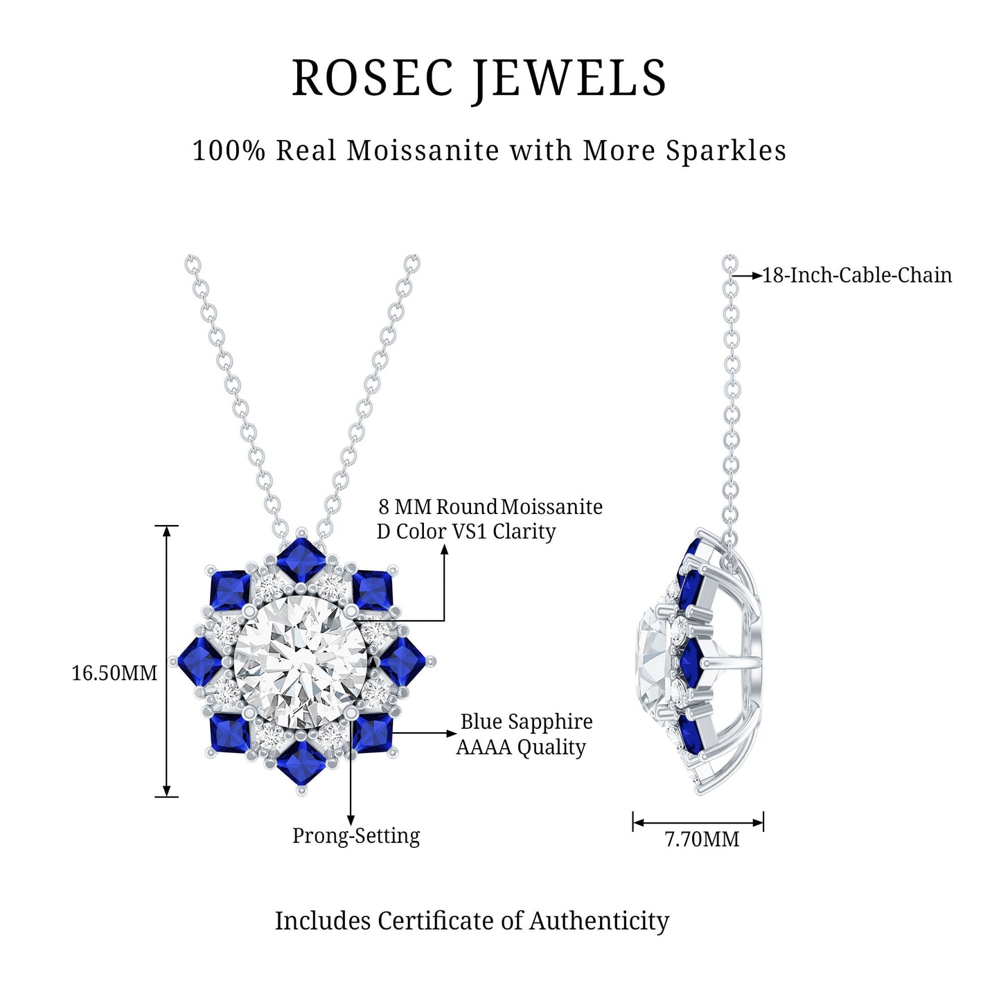 Certified Moissanite and Lab Sapphire Designer Necklace With Chain