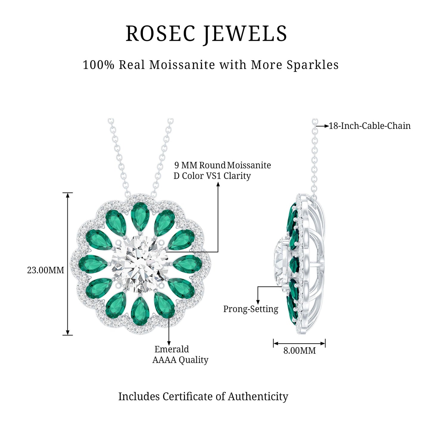 Certified 3 Carat Moissanite Flower Bridal Necklace With Lab Grown Emerald