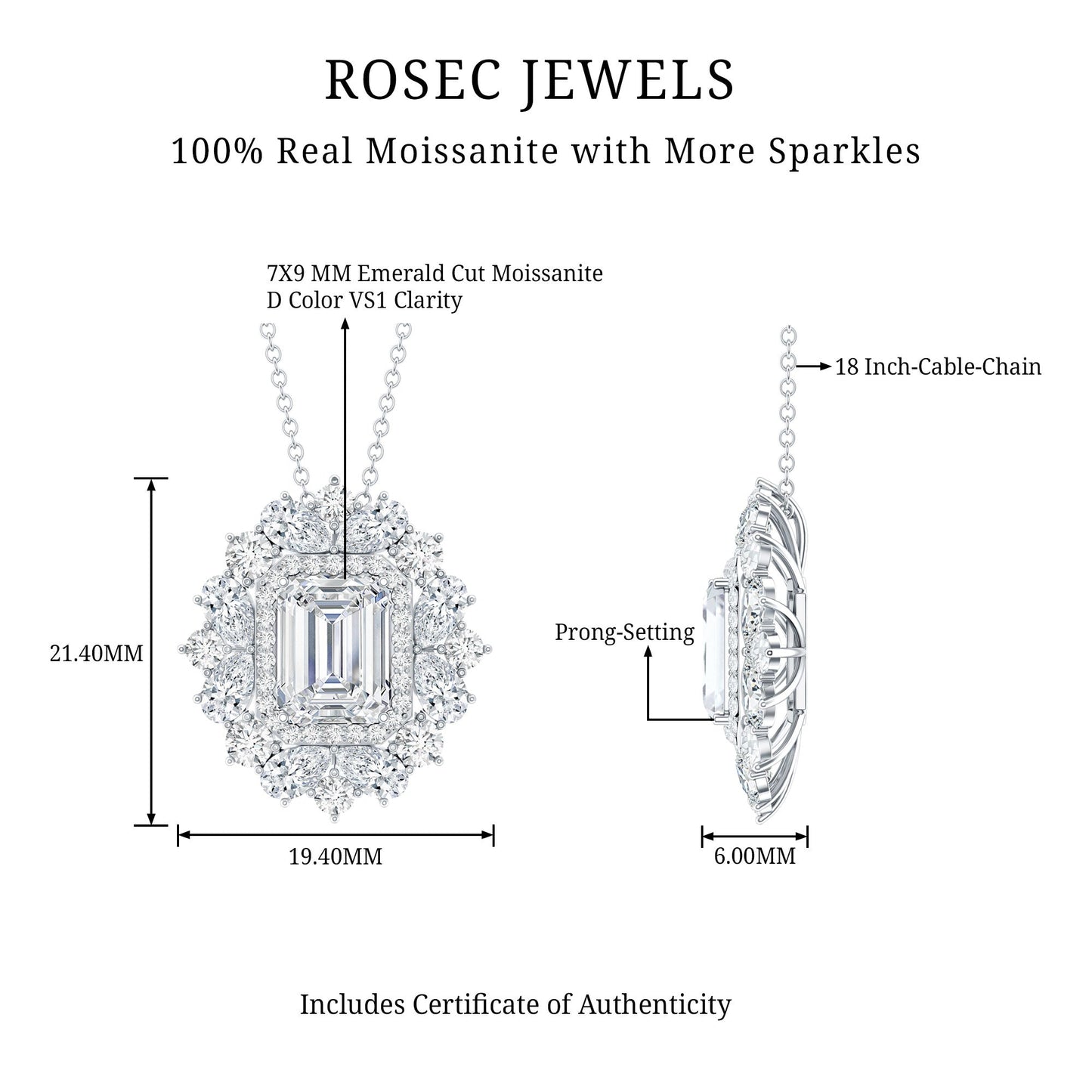 Emerald Cut 7X9 MM Moissanite Vintage Wedding Necklace In Silver