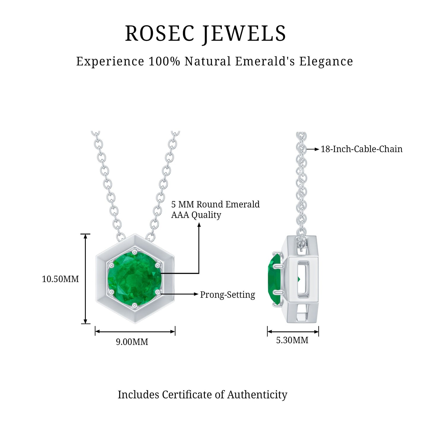 5MM Solitaire Emerald Hexagon Pendant Necklace