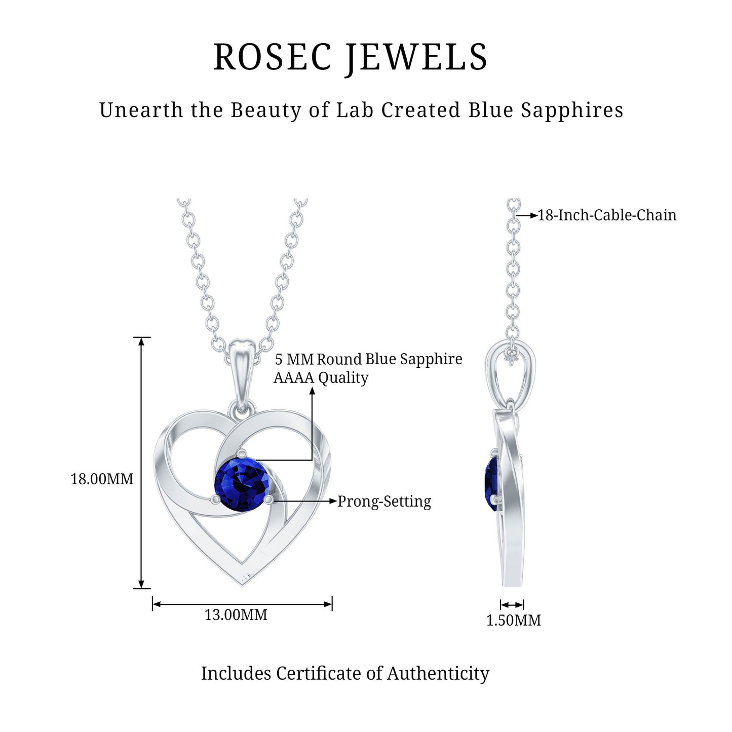 Lab Grown Blue Sapphire Heart Necklace with Certificate