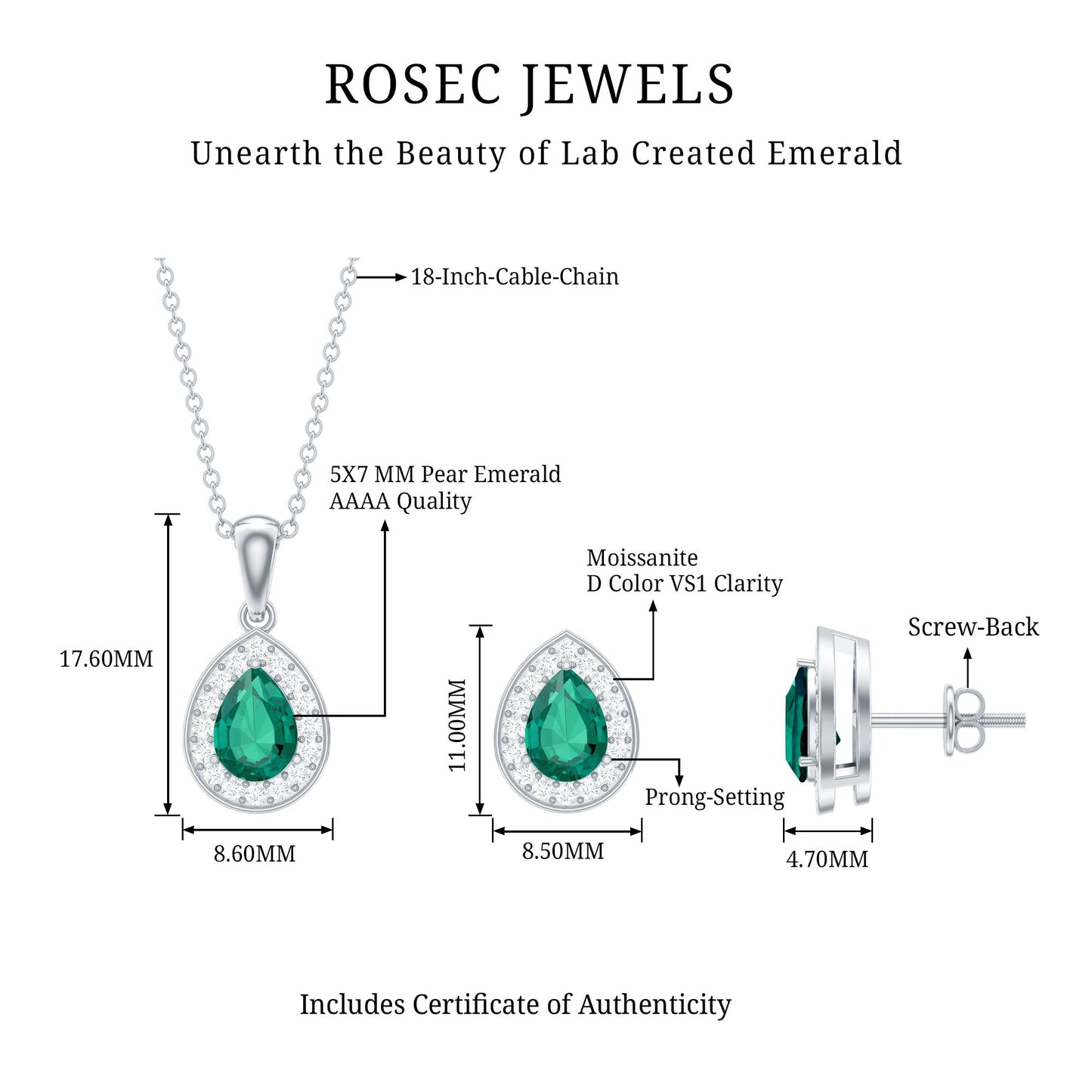 Classic Pear Shaped Created Emerald And Moissanite Teardrop Jewelry Set