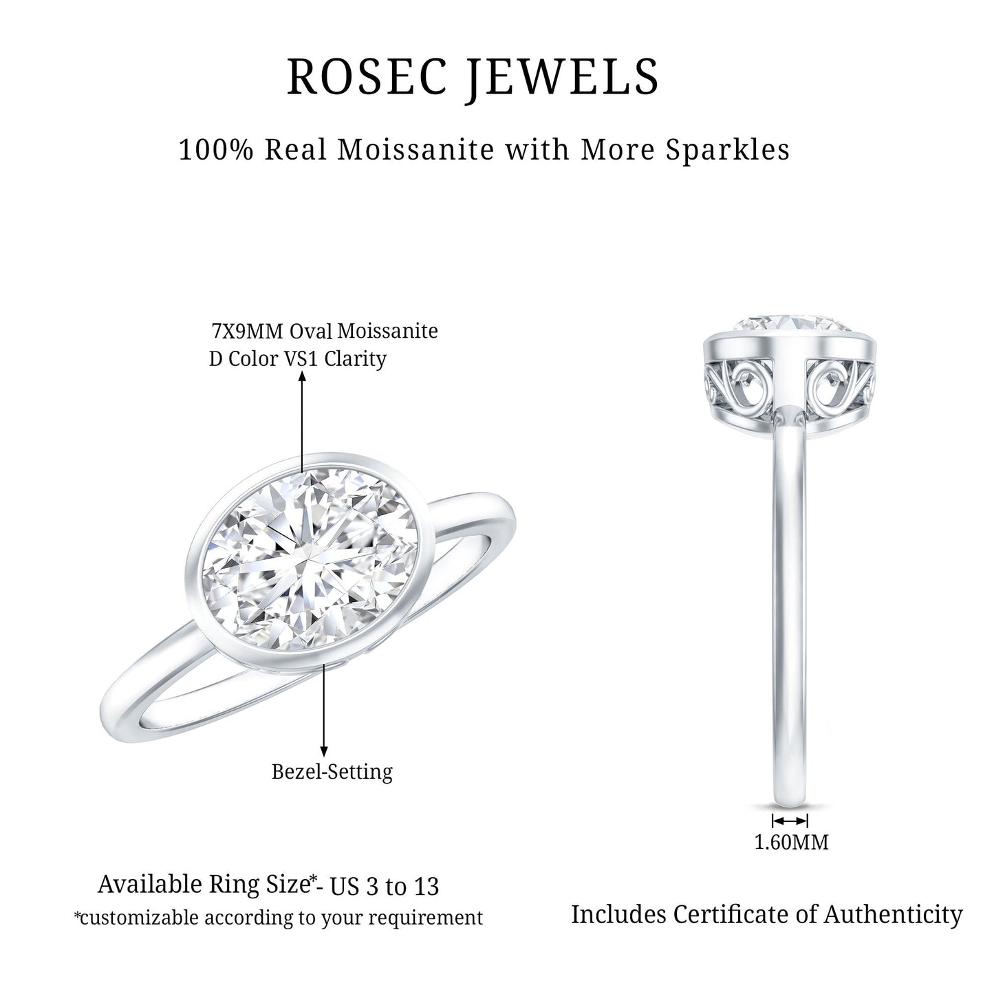 Certified 7X9 MM Oval Moissanite East West Engagement Ring