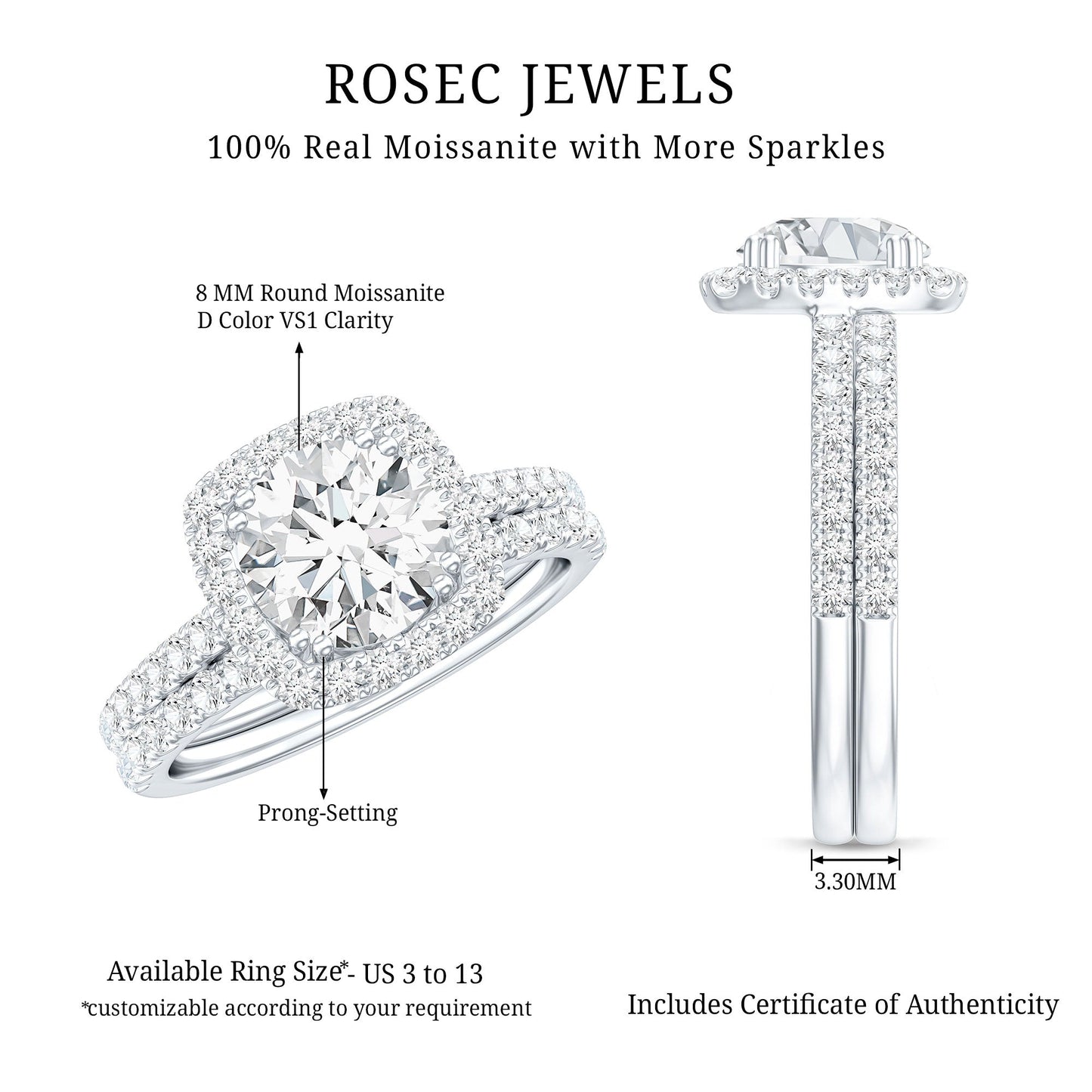 Certified 3.5 Carat Moissanite Wedding Bridal Ring Set of 2 in Silver