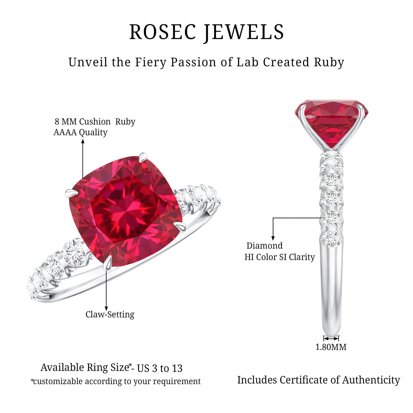 Cushion Cut Lab Grown Ruby Solitaire Ring with Diamond