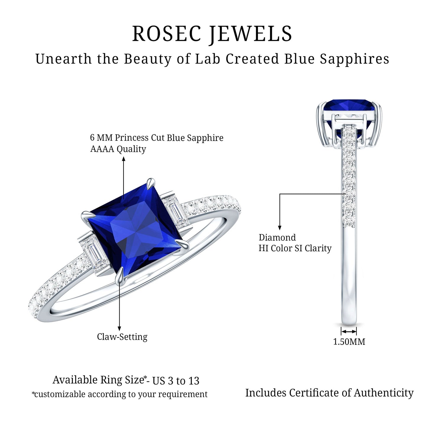 Certified 1 Carat Lab Grown Blue Sapphire Princess Cut Engagement Ring with Diamond
