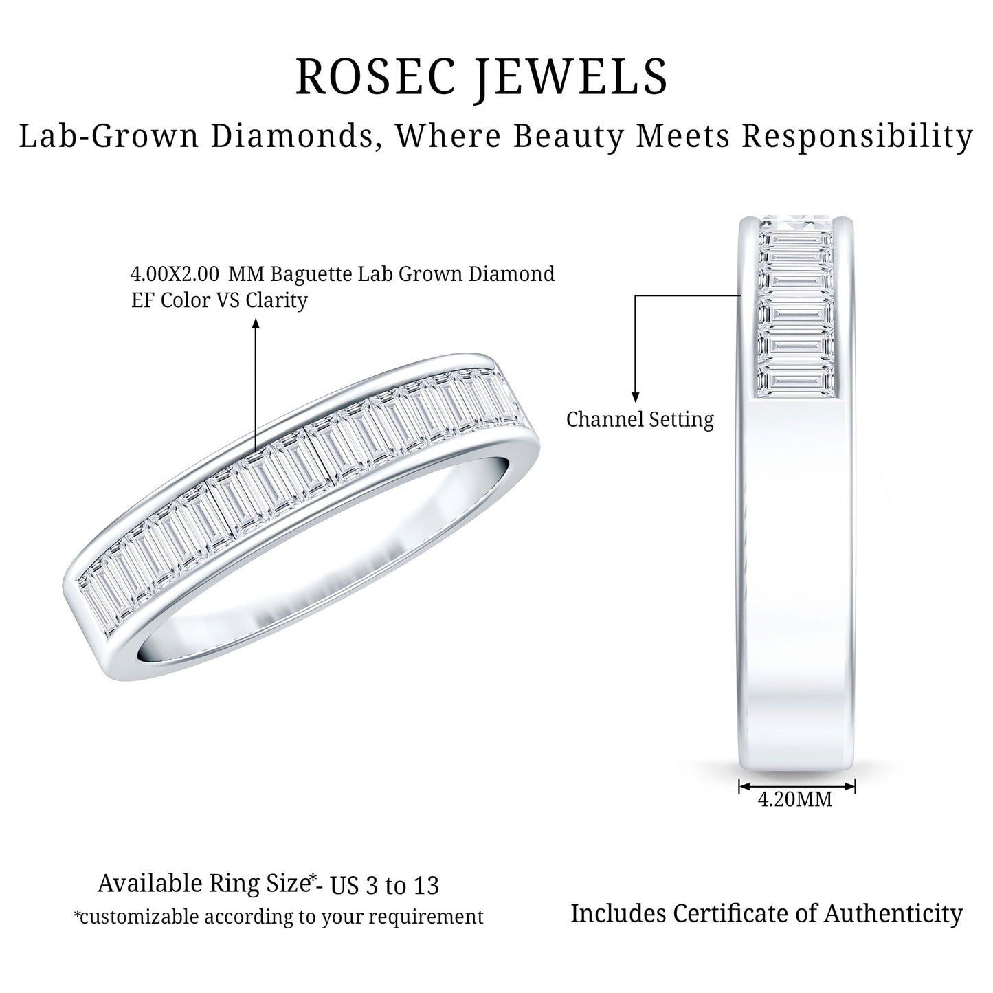 1 CT Baguette Cut Lab Grown Diamond Half Eternity Band