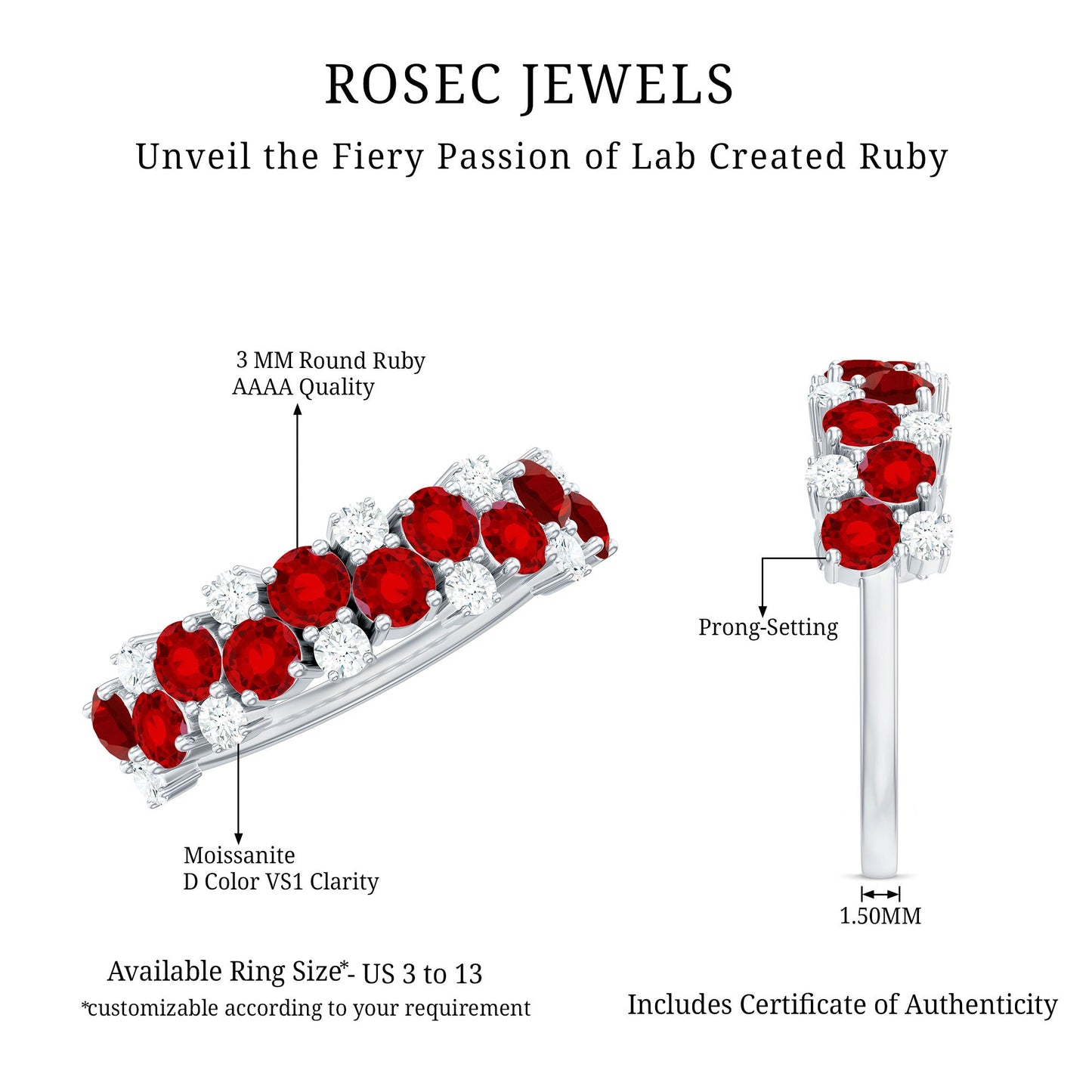 2 CT Round Created Ruby and Moissanite Cluster Half Eternity Ring