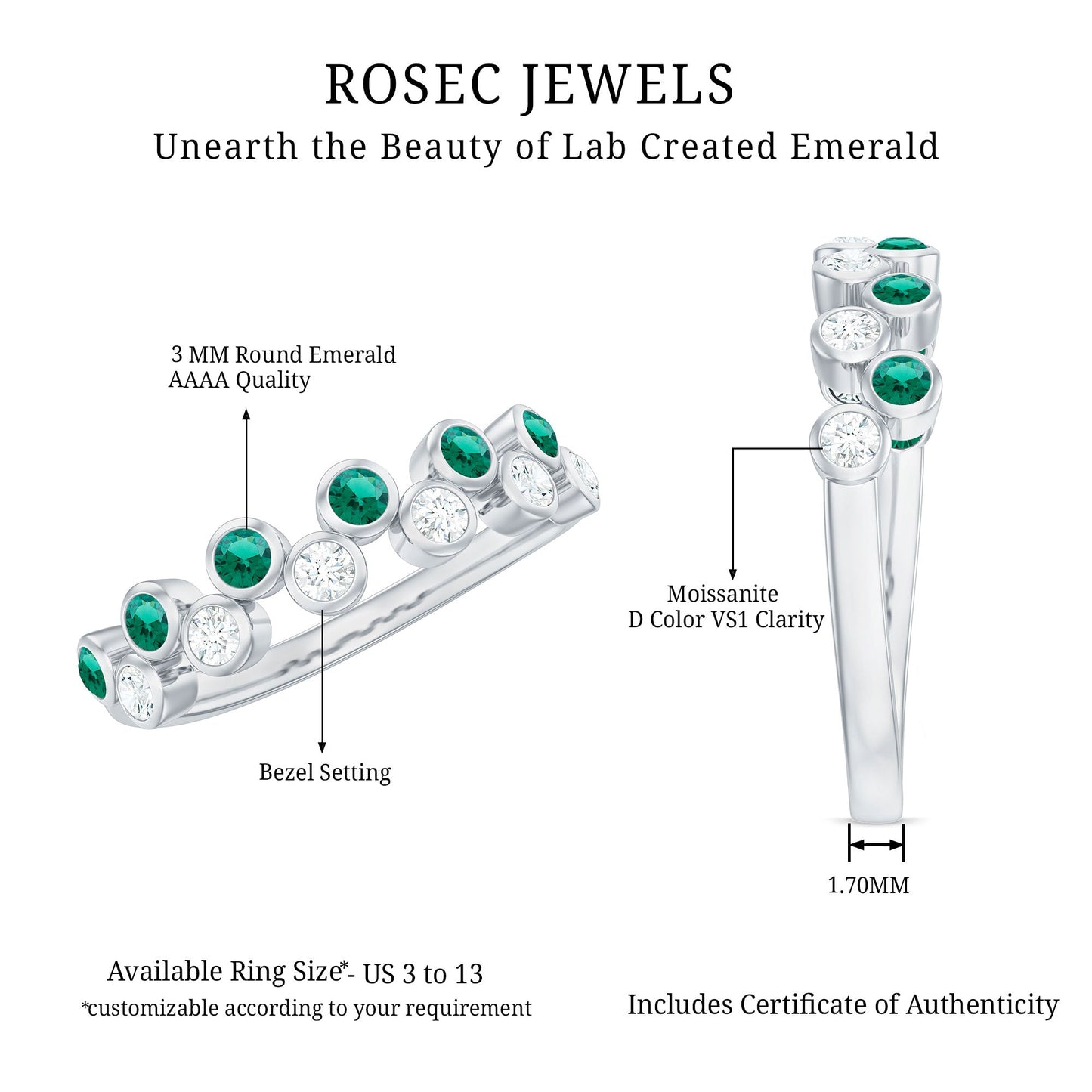 Bezel Set Lab Grown Emerald and Moissanite Half Eternity Ring